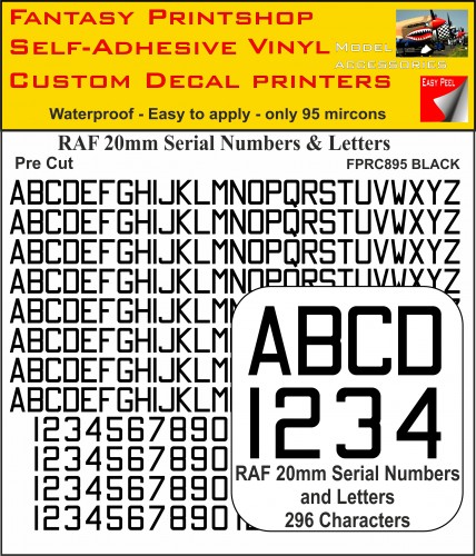 FPRC895 20mm BLACK RAF Serial Numbers and Letters radio control RC Pre cut vinyl letters
