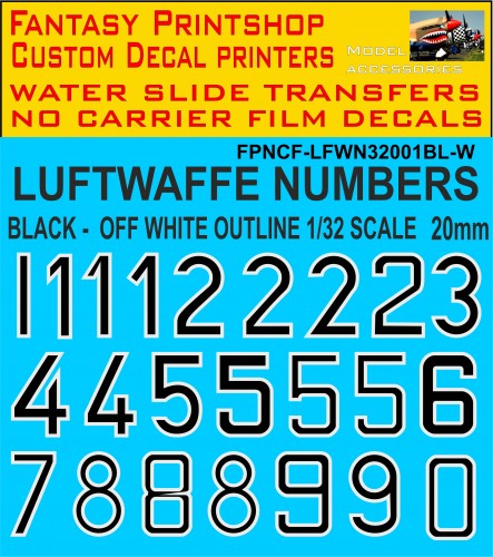 GERMAN LUFTWAFFE CODE NUMBERS 1/32 SCALE BLACK - OFF WHITE OUTLINE 20MM HIGH DECALS WATER SLIDE TRANSFERS GERMAN LUFTWAFFE CODE NUMBERS 1/32 SCALE BLACK - OFF WHITE OUTLINE 20MM HIGH DECALS WATER SLIDE TRANSFERS