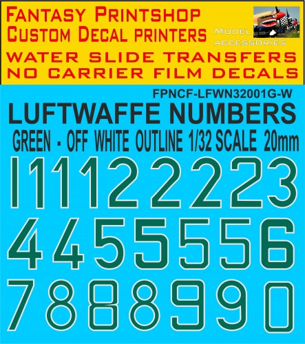 GERMAN LUFTWAFFE CODE NUMBERS 1/32 SCALE GREEN - OFF WHITE OUTLINE 20MM HIGH DECALS WATER SLIDE TRANSFERS GERMAN LUFTWAFFE CODE NUMBERS 1/32 SCALE GREEN - OFF WHITE OUTLINE 20MM HIGH DECALS WATER SLIDE TRANSFERS