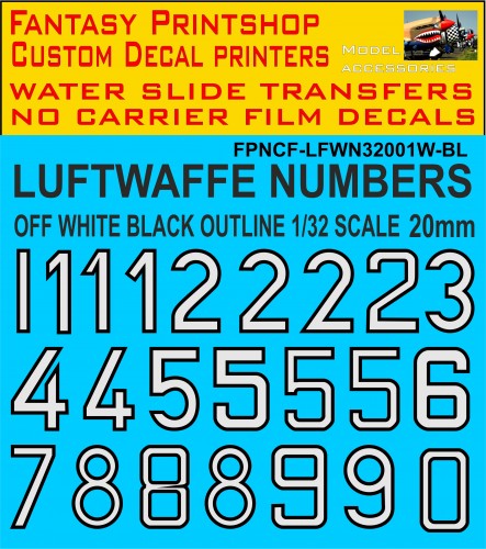 GERMAN LUFTWAFFE CODE NUMBERS 1/32 SCALE OFF WHITE - BLACK OUTLINE 20MM HIGH DECALS WATER SLIDE TRANSFERS