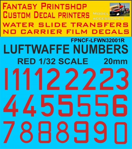 GERMAN LUFTWAFFE CODE NUMBERS 1/32 SCALE RED 20MM HIGH DECALS WATER SLIDE TRANSFERS