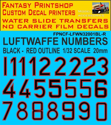 GERMAN LUFTWAFFE CODE NUMBERS 1/32 SCALE BLACK - RED OUTLINE 20MM HIGH DECALS WATER SLIDE TRANSFERS GERMAN LUFTWAFFE CODE NUMBERS 1/32 SCALE BLACK - RED OUTLINE 20MM HIGH DECALS WATER SLIDE TRANSFERS