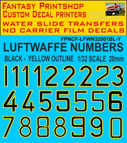 GERMAN LUFTWAFFE CODE NUMBERS 1/32 SCALE BLACK - YELLOW OUTLINE 20MM HIGH DECALS WATER SLIDE TRANSFERS GERMAN LUFTWAFFE CODE NUMBERS 1/32 SCALE BLACK - YELLOW OUTLINE 20MM HIGH DECALS WATER SLIDE TRANSFERS