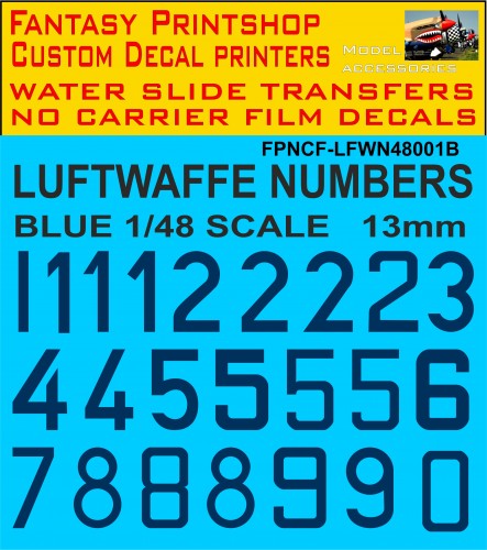 GERMAN LUFTWAFFE CODE NUMBERS 1/48 SCALE BLUE 13MM HIGH DECALS WATER SLIDE TRANSFERS NCF