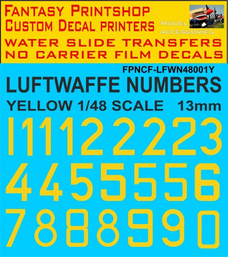 GERMAN LUFTWAFFE CODE NUMBERS 1/48 SCALE YELLOW 13MM HIGH DECALS WATER SLIDE TRANSFERS NCF