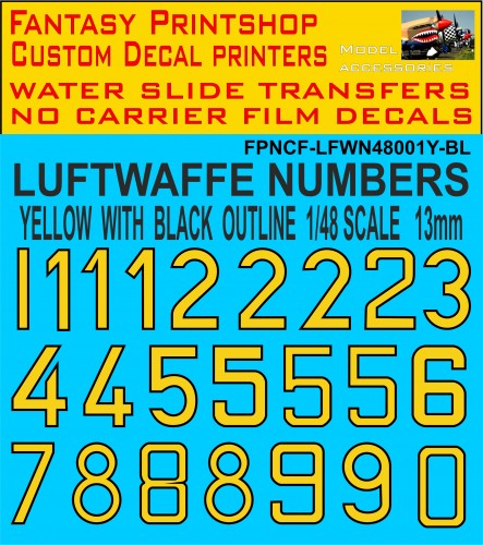 GERMAN LUFTWAFFE CODE NUMBERS 1/48 SCALE YELLOW - BLACK OUTLINE 13MM HIGH DECALS WATER SLIDE TRANSFERS NCF