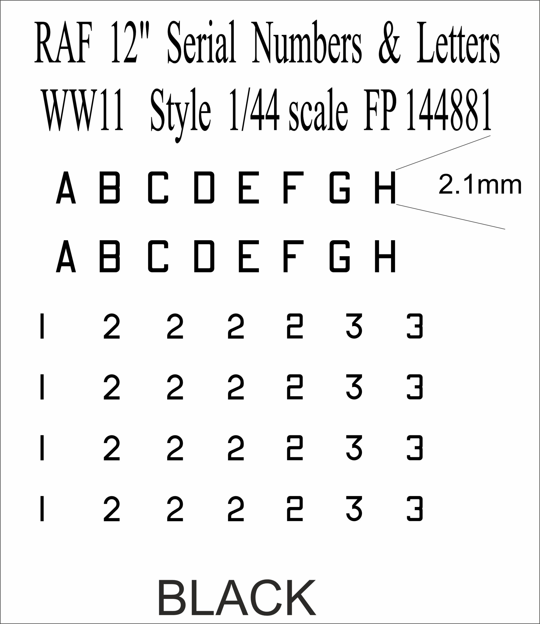 FP144881 12 inch serials number letters in black water slide transfers decals
