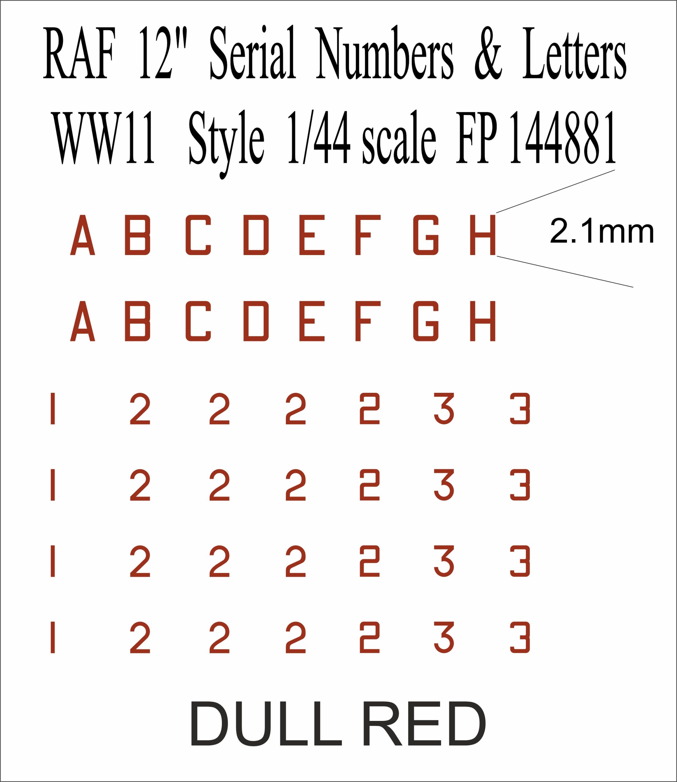FP144881 12 inch serials number letters in DULL RED water slide transfers decals