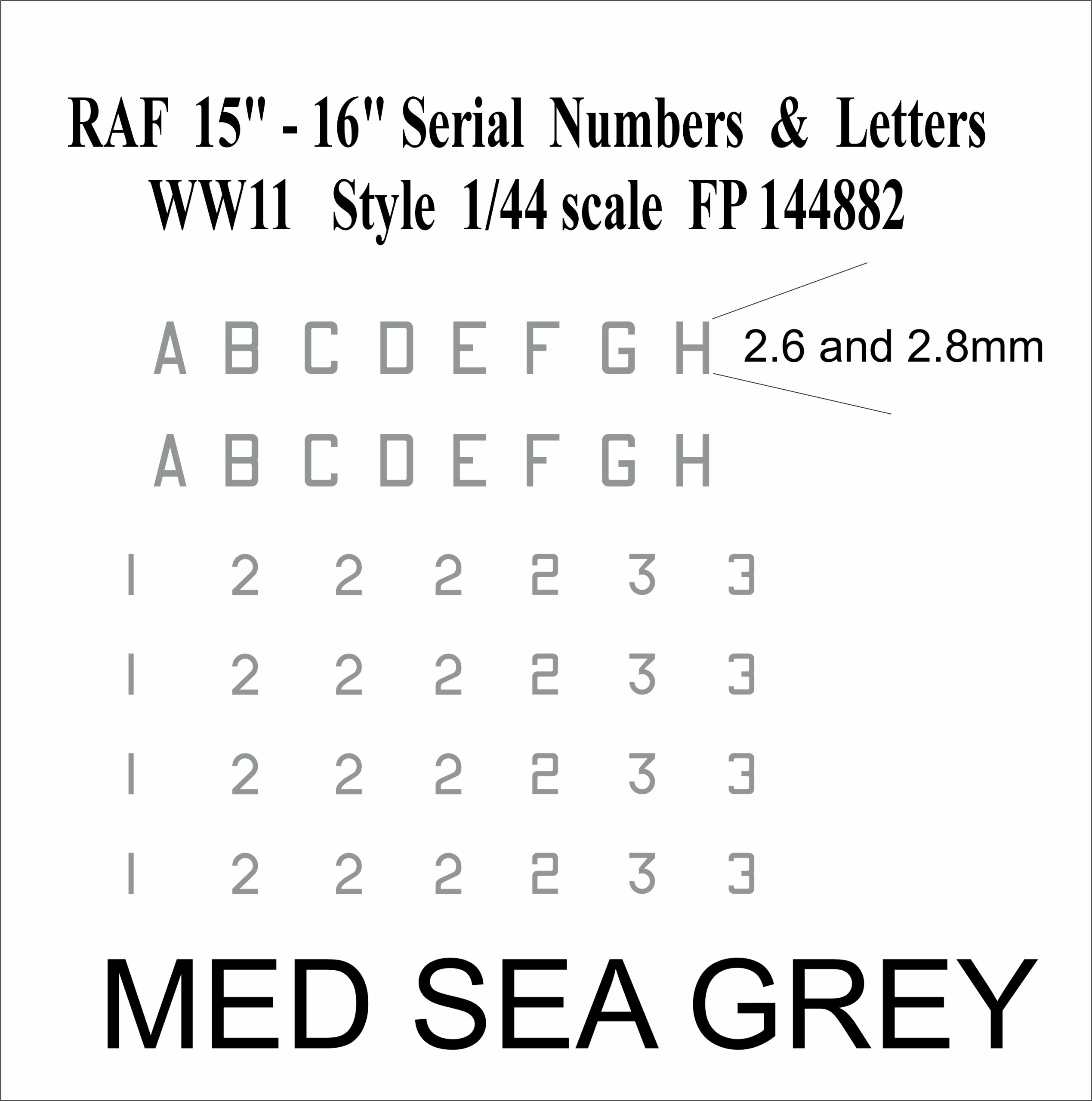 FP144882 15 and 16 inch serials number letters water slide transfers decals in MED SEA GREY 1/144 scale