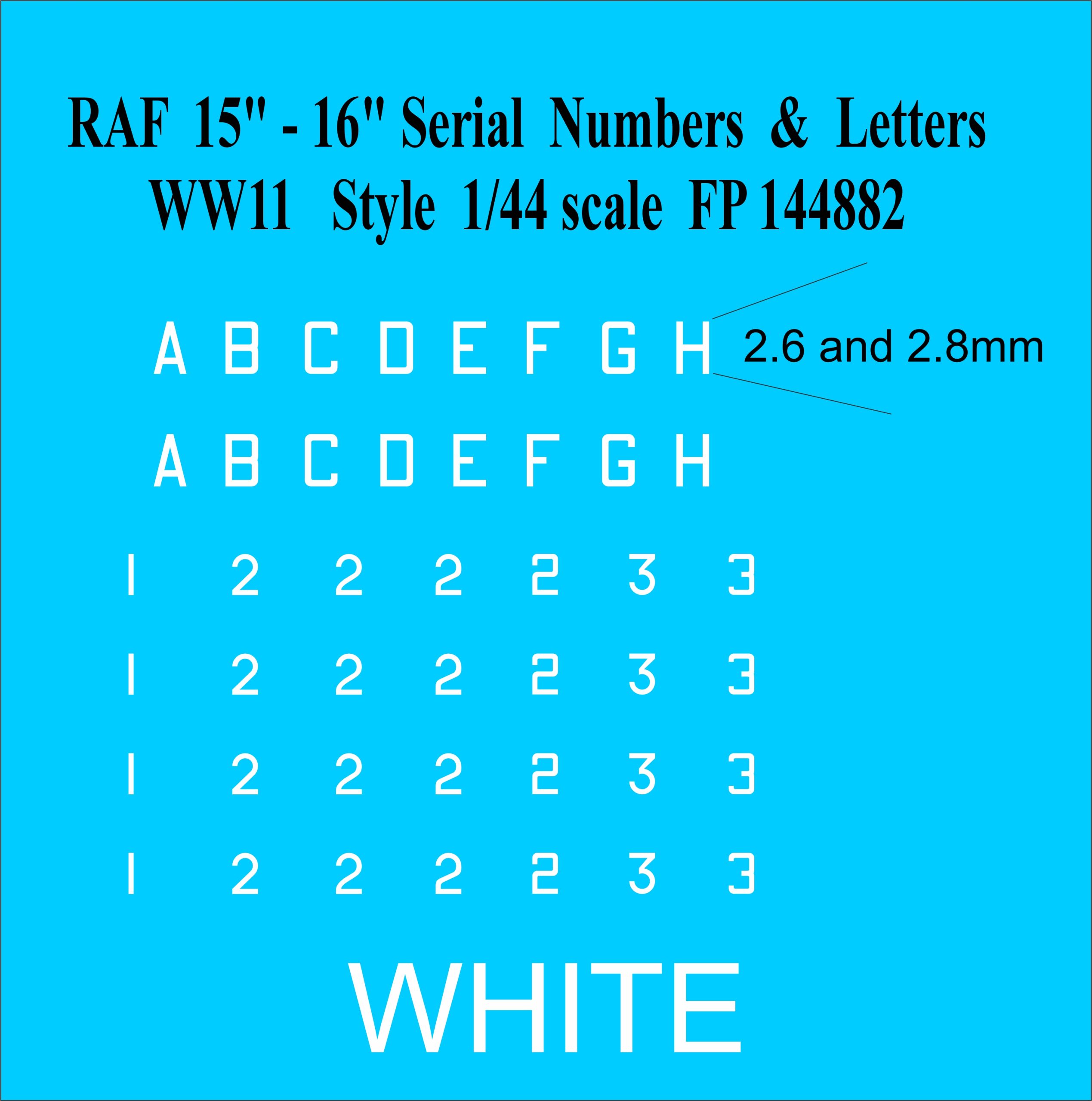 FP144882 15 and 16 inch serials number letters water slide transfers decals in WHITE 1/144 scale