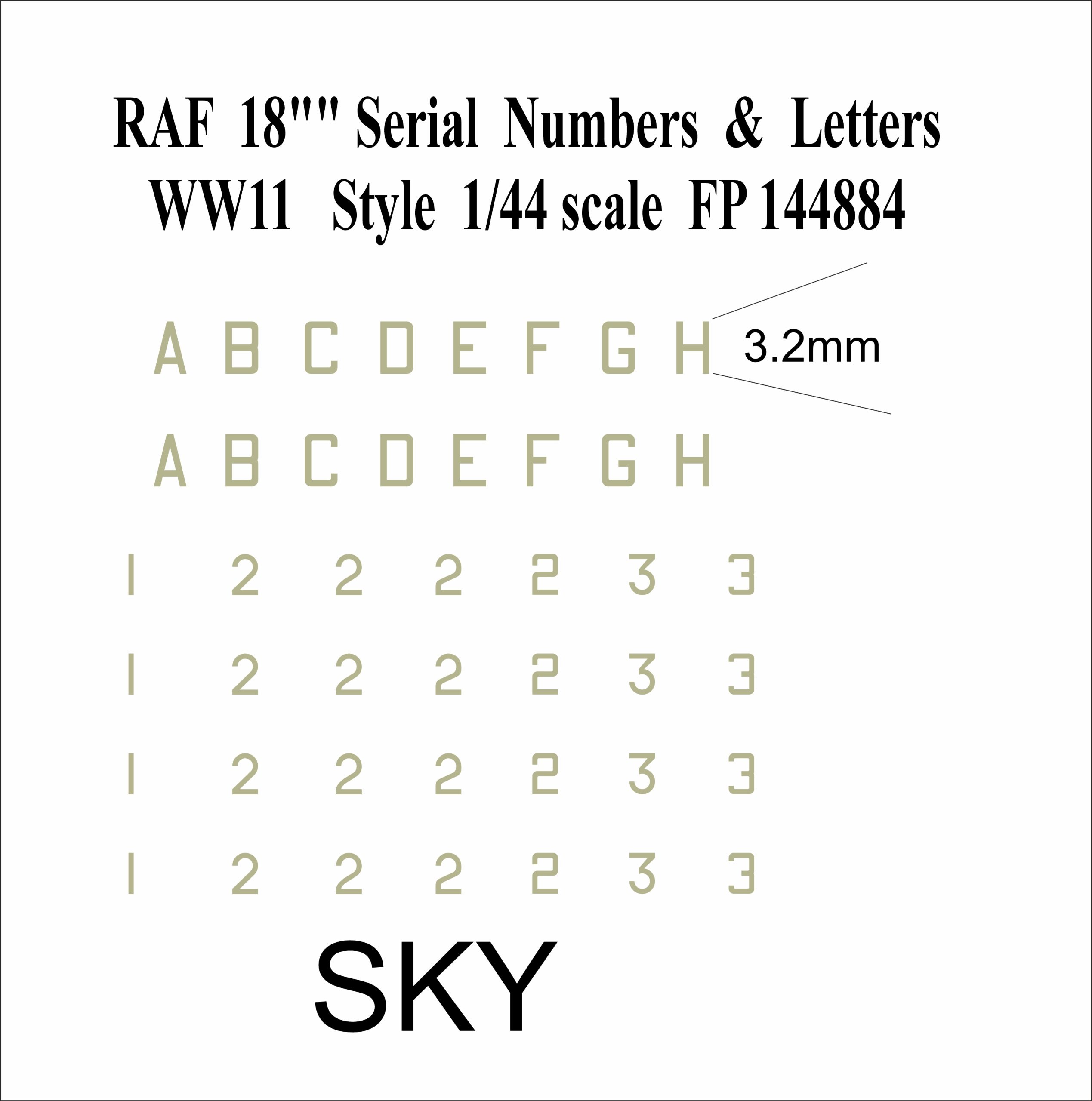 18 inch SKY Letter numbers WWII 1-144 scale water slide transfers decals