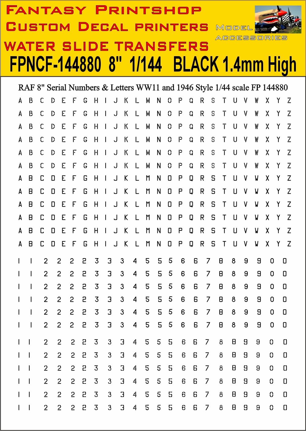FP144880 8 inch serials lettering and numbers in 1/144 scale BLACK water slide transfers