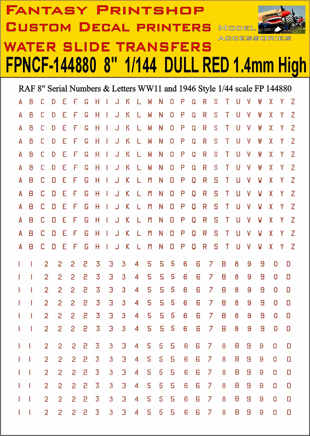 FP144880 8 inch serials lettering and numbers in 1/144 scale Dull red water slide transfers