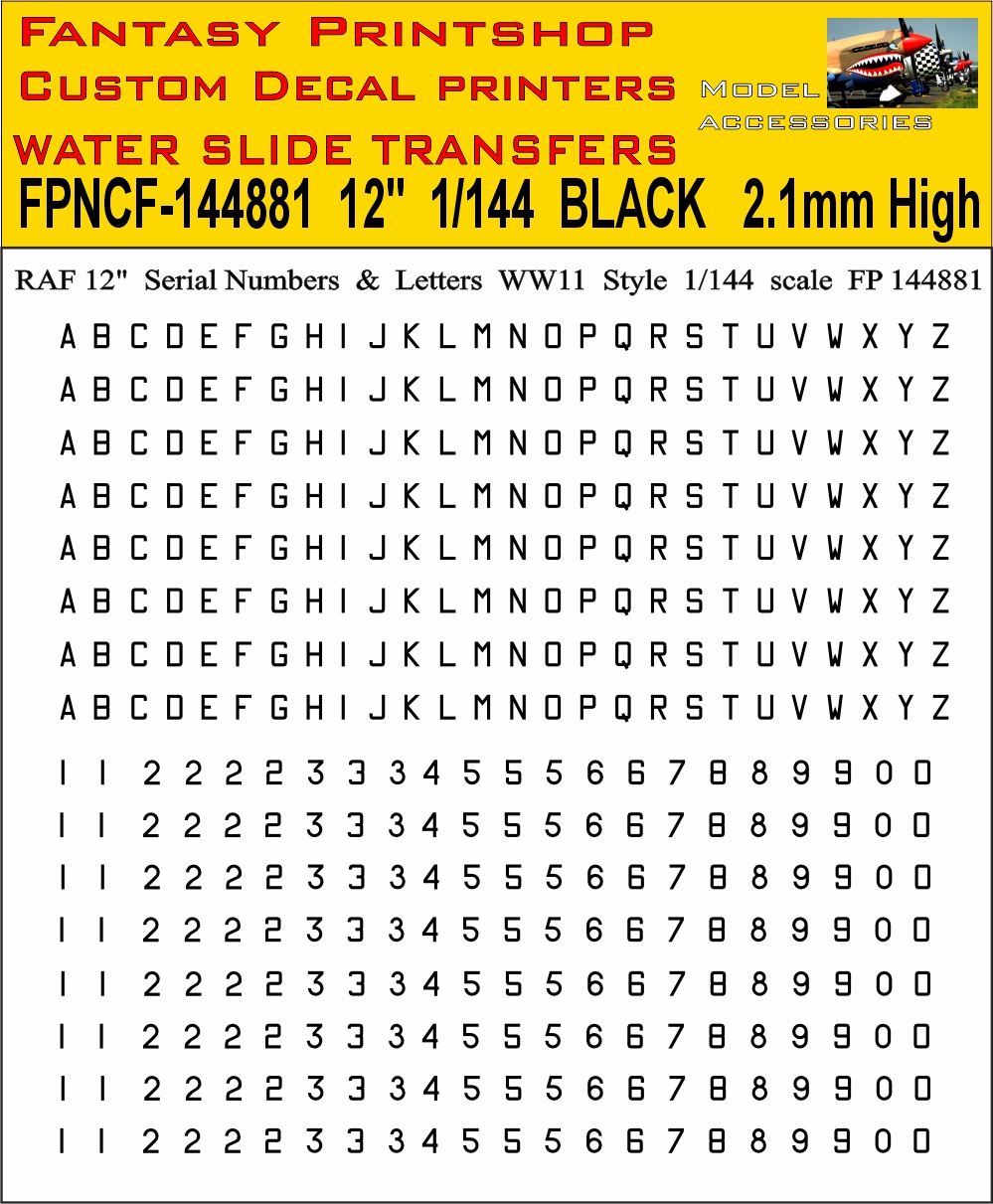 FP144881 12 inch serials number letters in BLACK water slide transfers decals