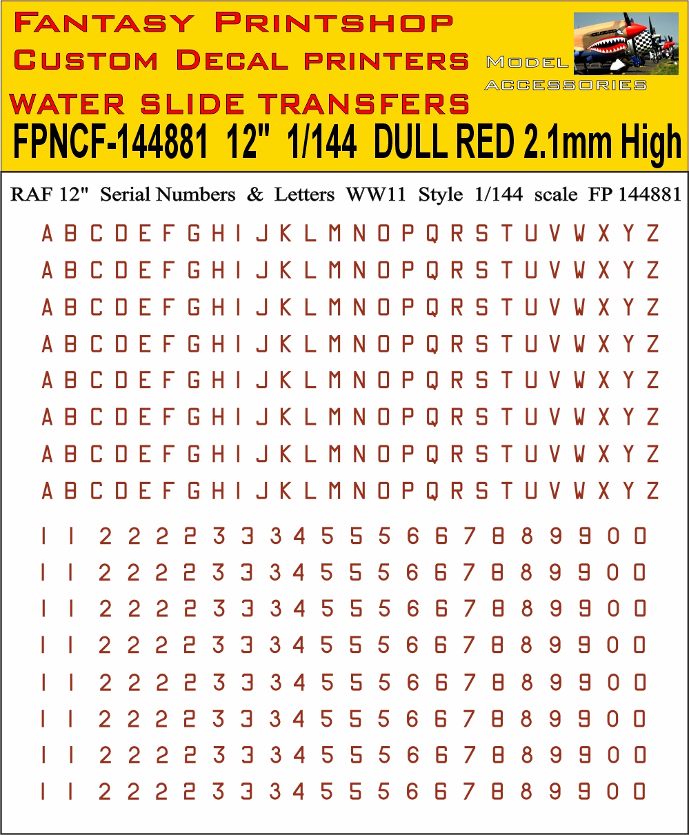 FP144881 12 inch serials number letters in DULL RED water slide transfers decals