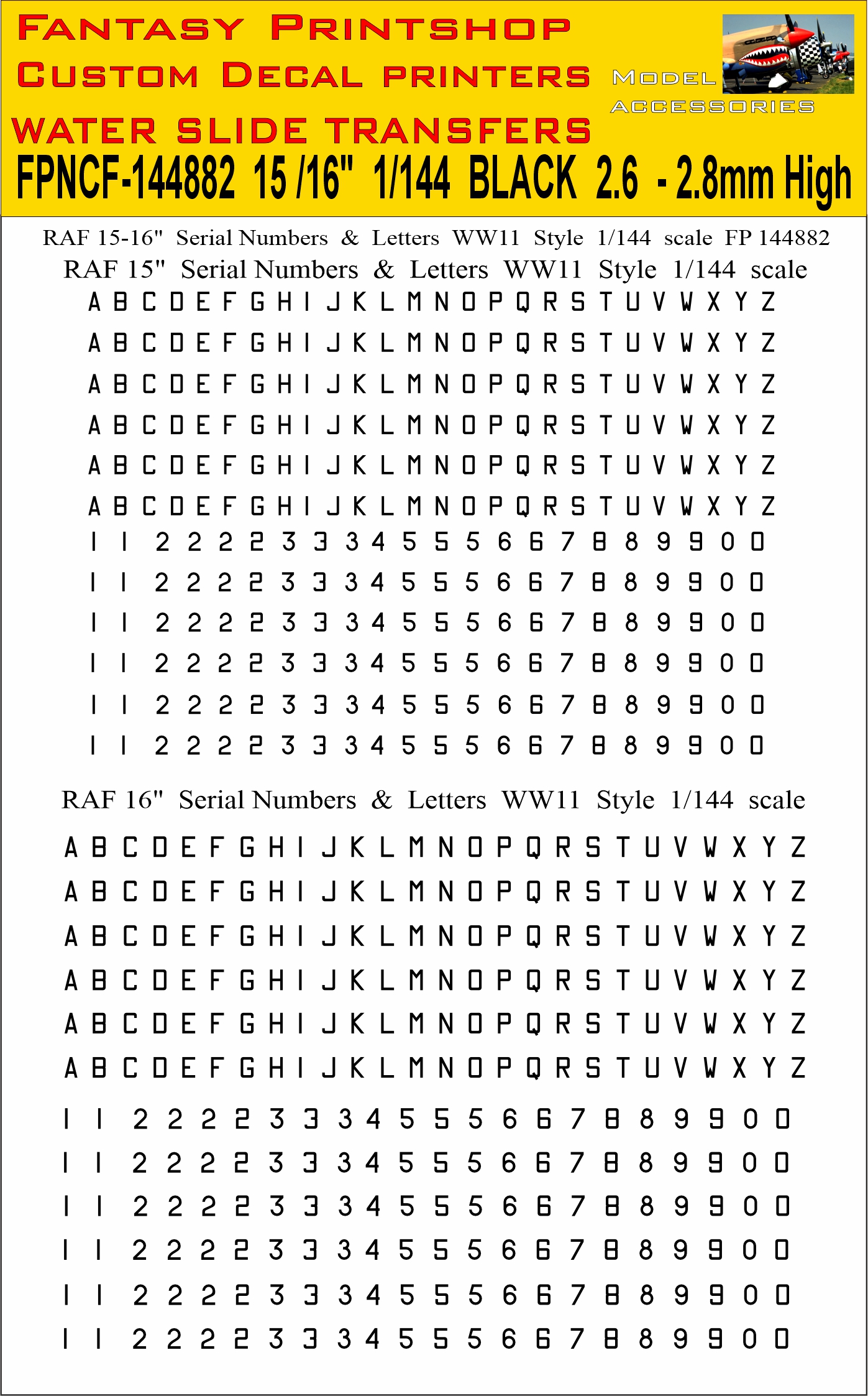 FP144882 15 and 16 inch serials number letters water slide transfers decals in BLACK 1/144 scale
