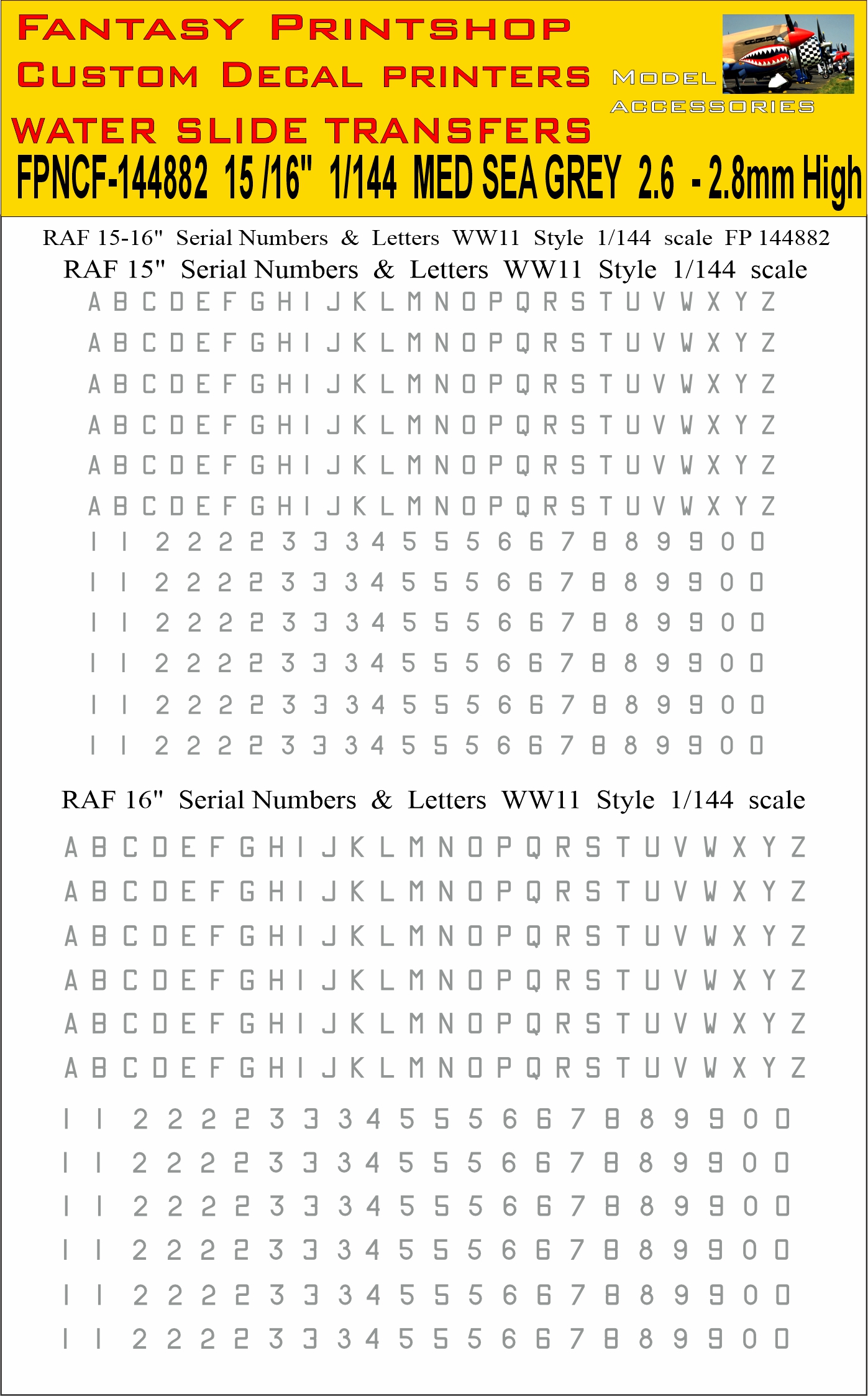 FP144882 15 and 16 inch serials number letters water slide transfers decals in MED SEA GREY 1/144 scale