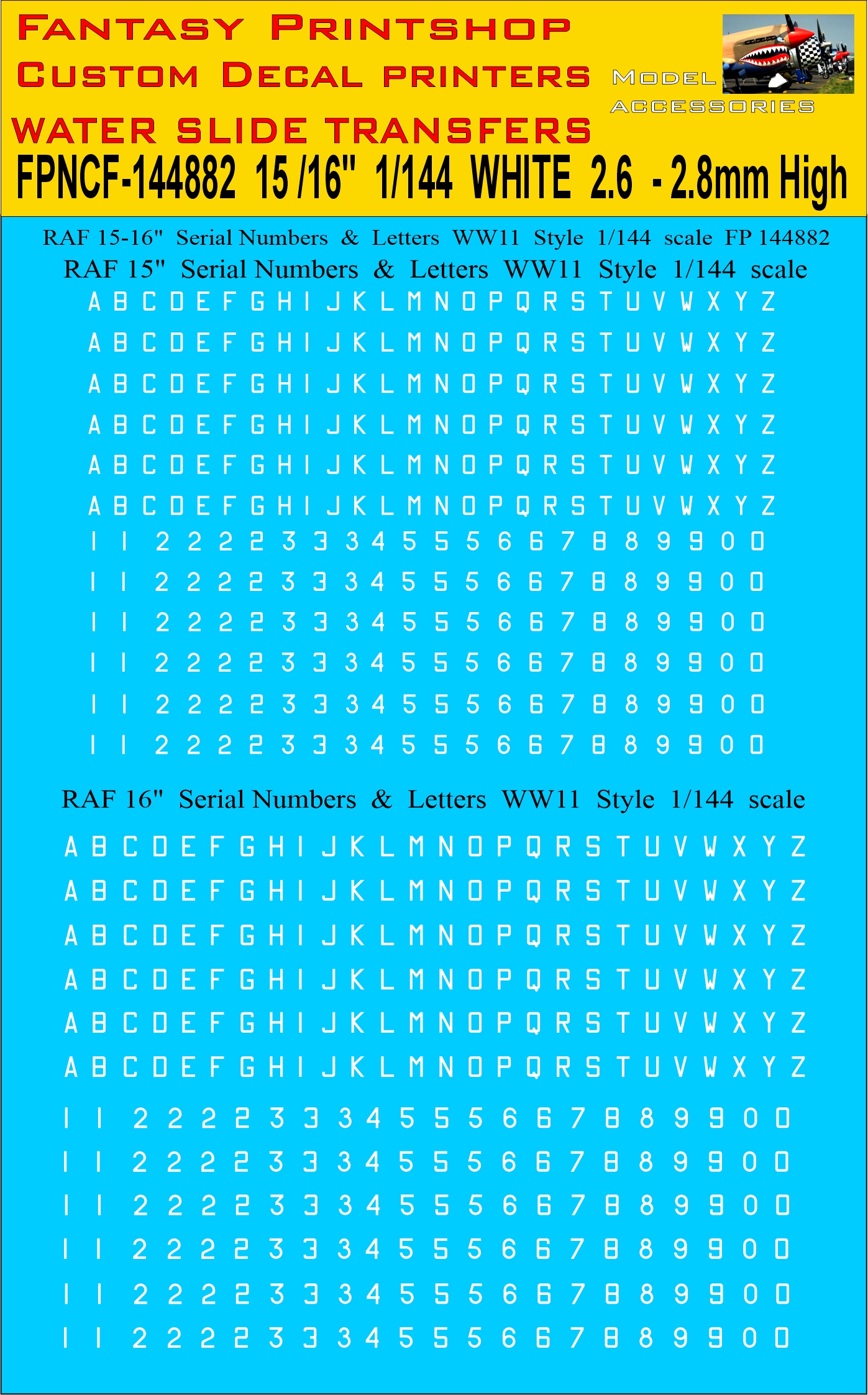 FP144882 15 and 16 inch serials number letters water slide transfers decals in WHITE 1/144 scale