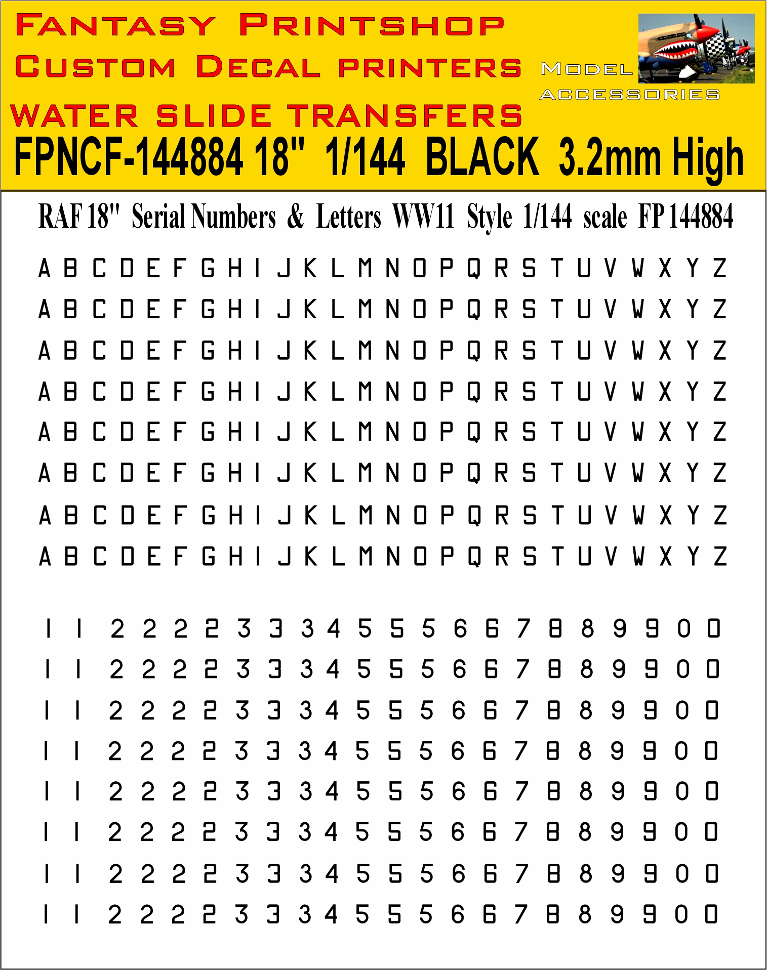 18 inch BLACK Letter numbers WWII 1-144 scale water slide transfers decals