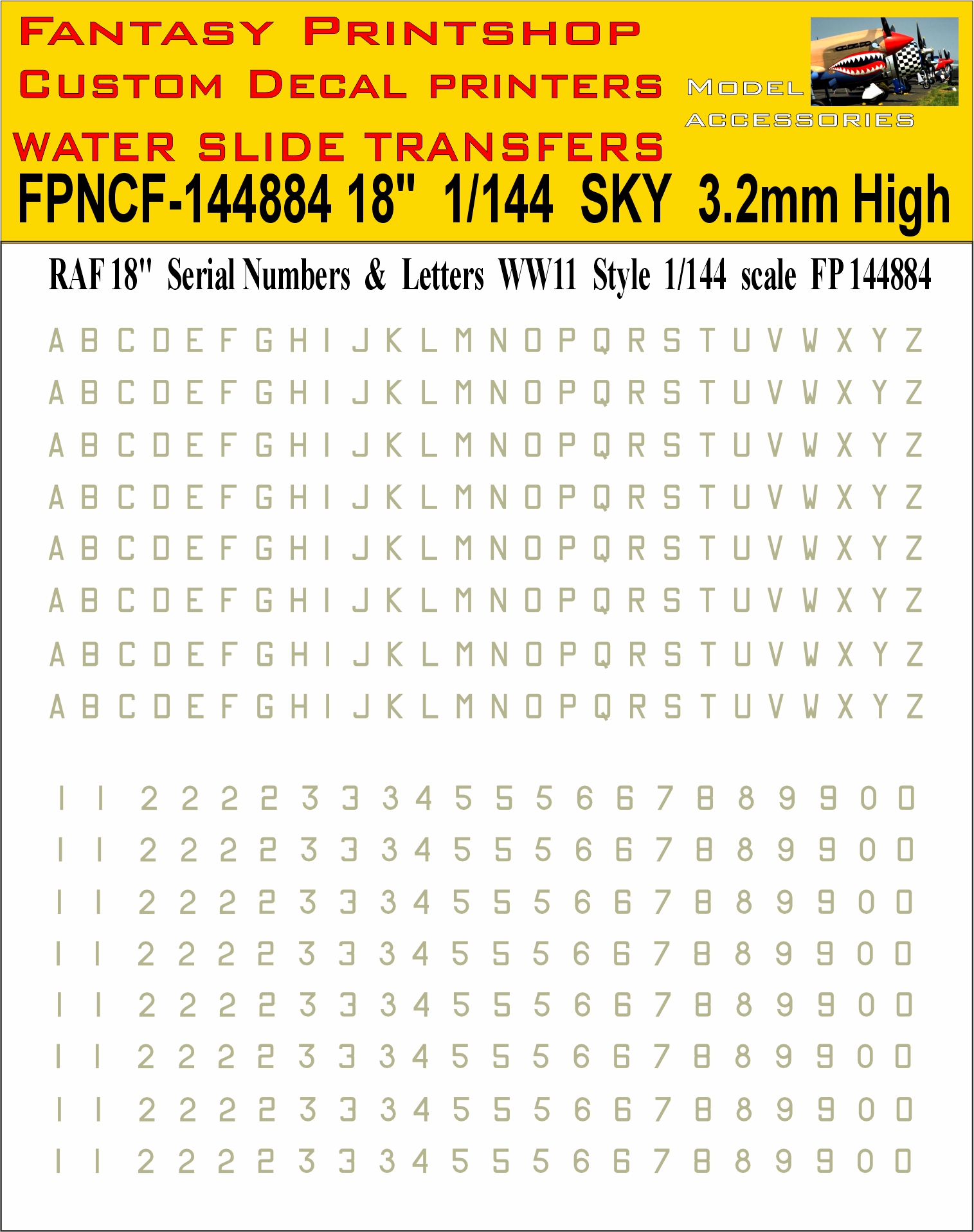 18 inch SKY Letter numbers WWII 1-144 scale water slide transfers decals
