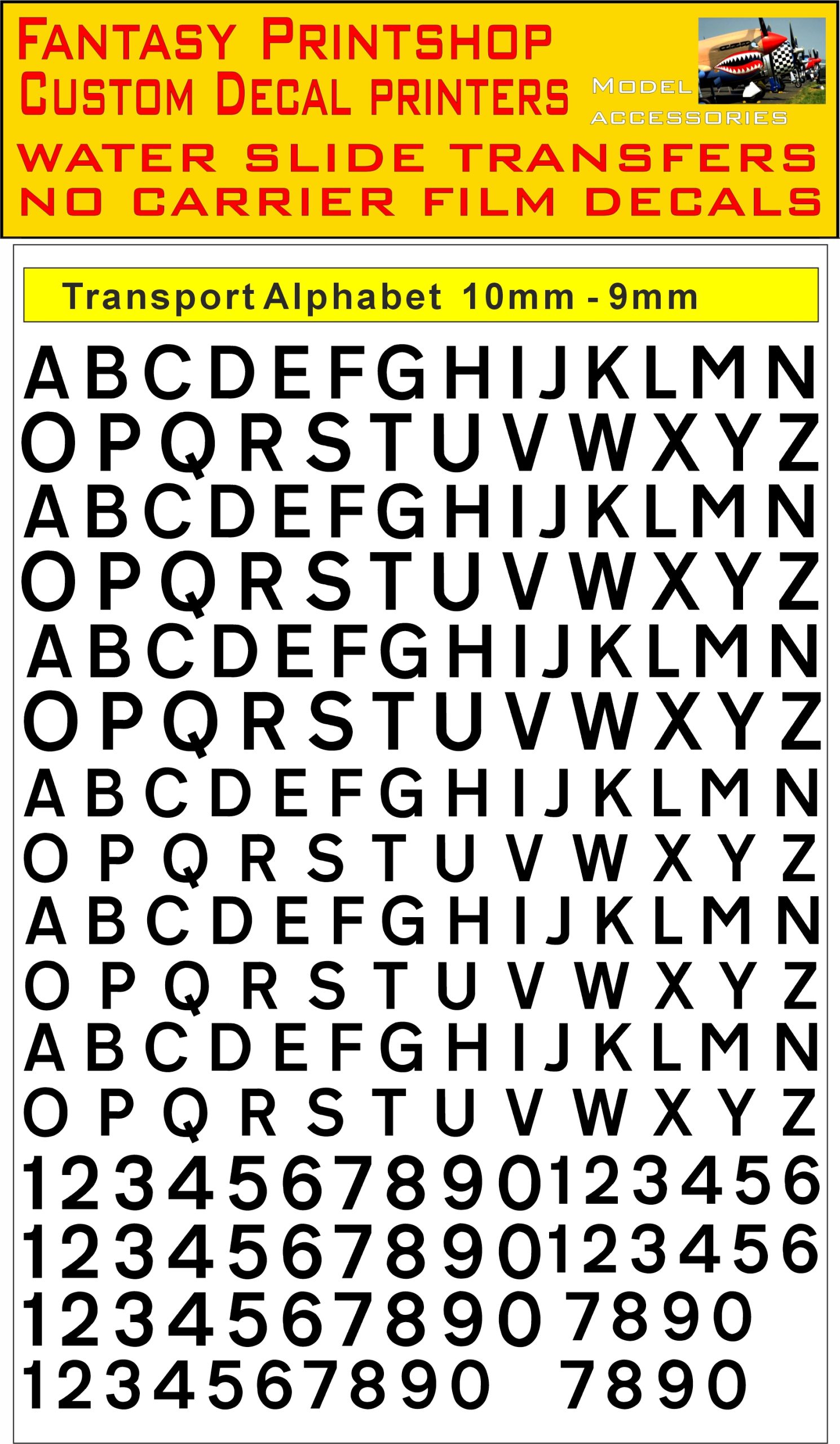 vehicle transport alphabet Available I 9, 10mm in black water slide transfers decals