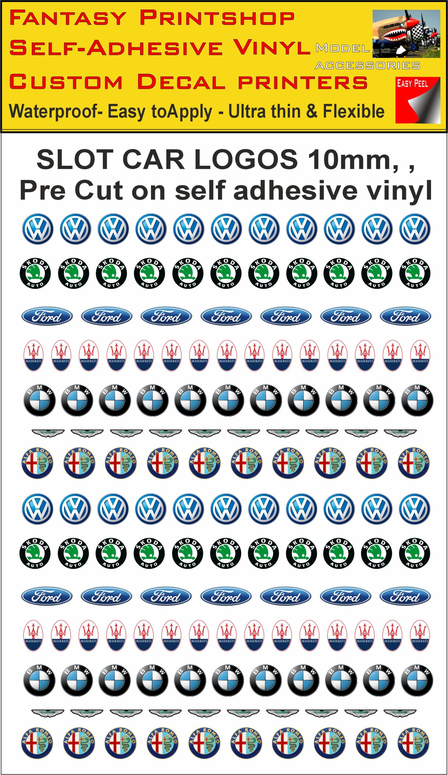 car logo's vw, Skoda, ford, BMW, Maserati, Aston martin slotcar scalextric car logo's vw, Skoda, ford, BMW, Maserati, Aston martin slotcar scalextric