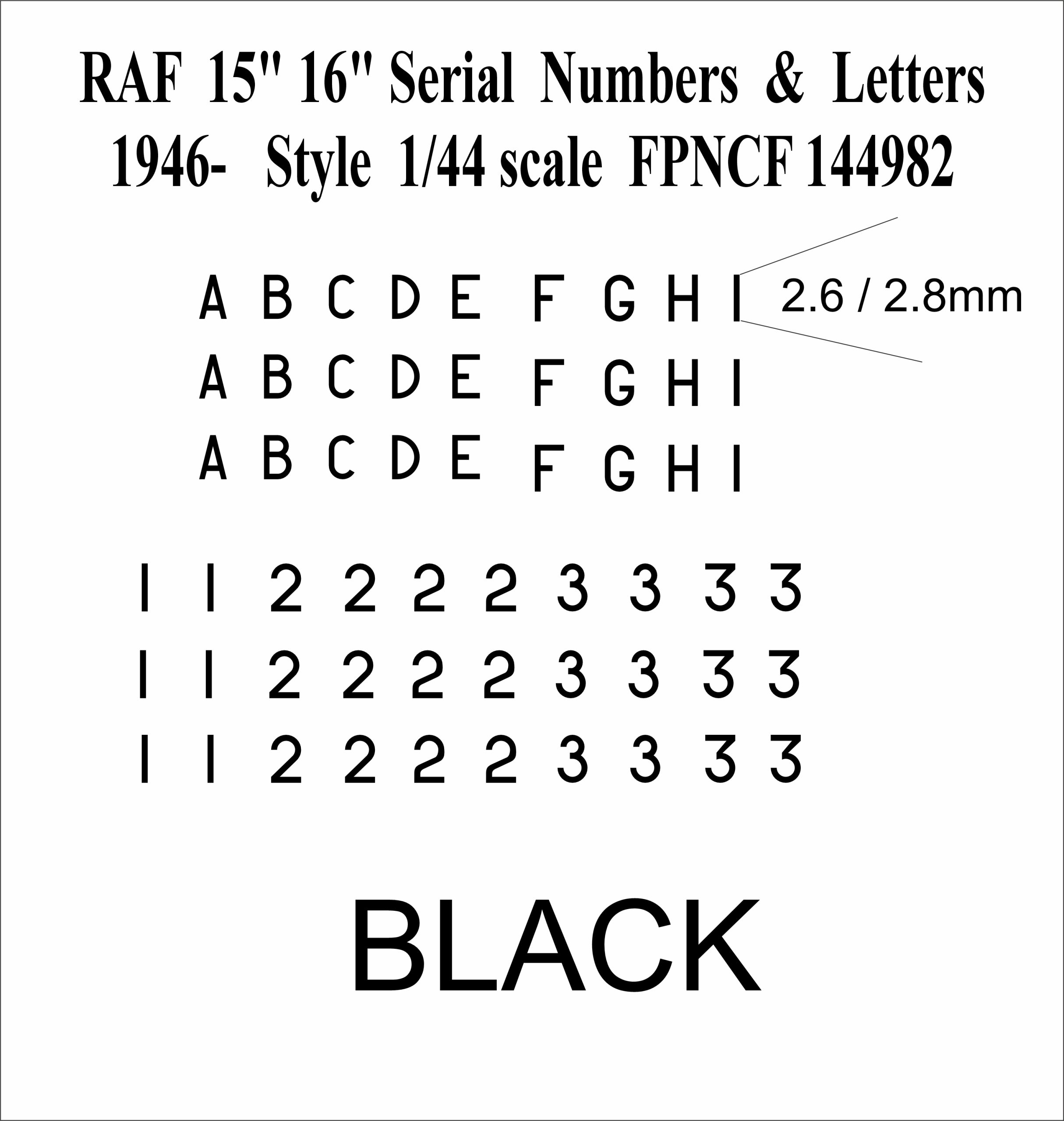 RAF 15 16 inch Letters and Numbers 1946- 1-144 DECALS IN BLACK, FP144892