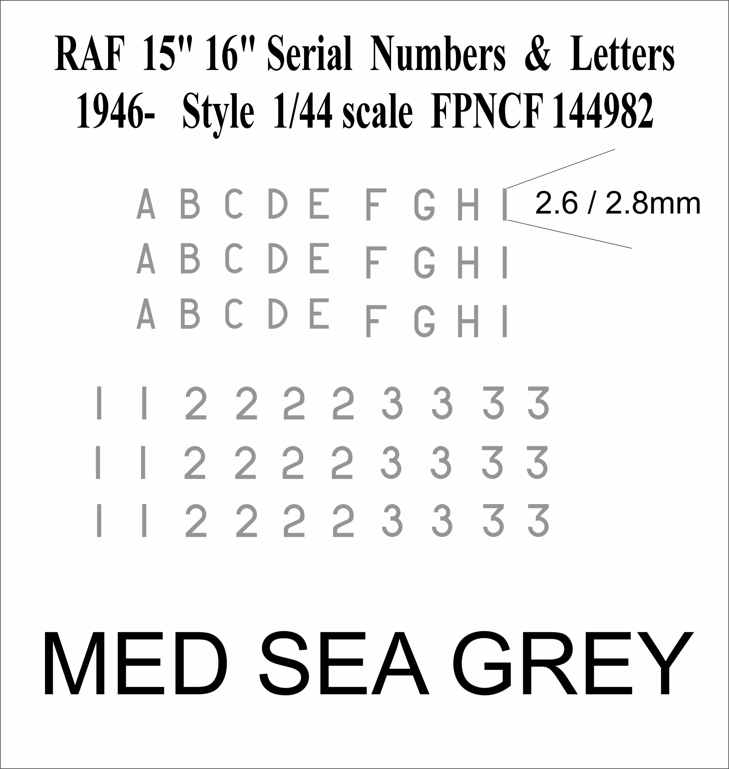 RAF 15 16 inch Letters and Numbers 1946- 1-144 DECALS IN MED SEA GREY, FP144982