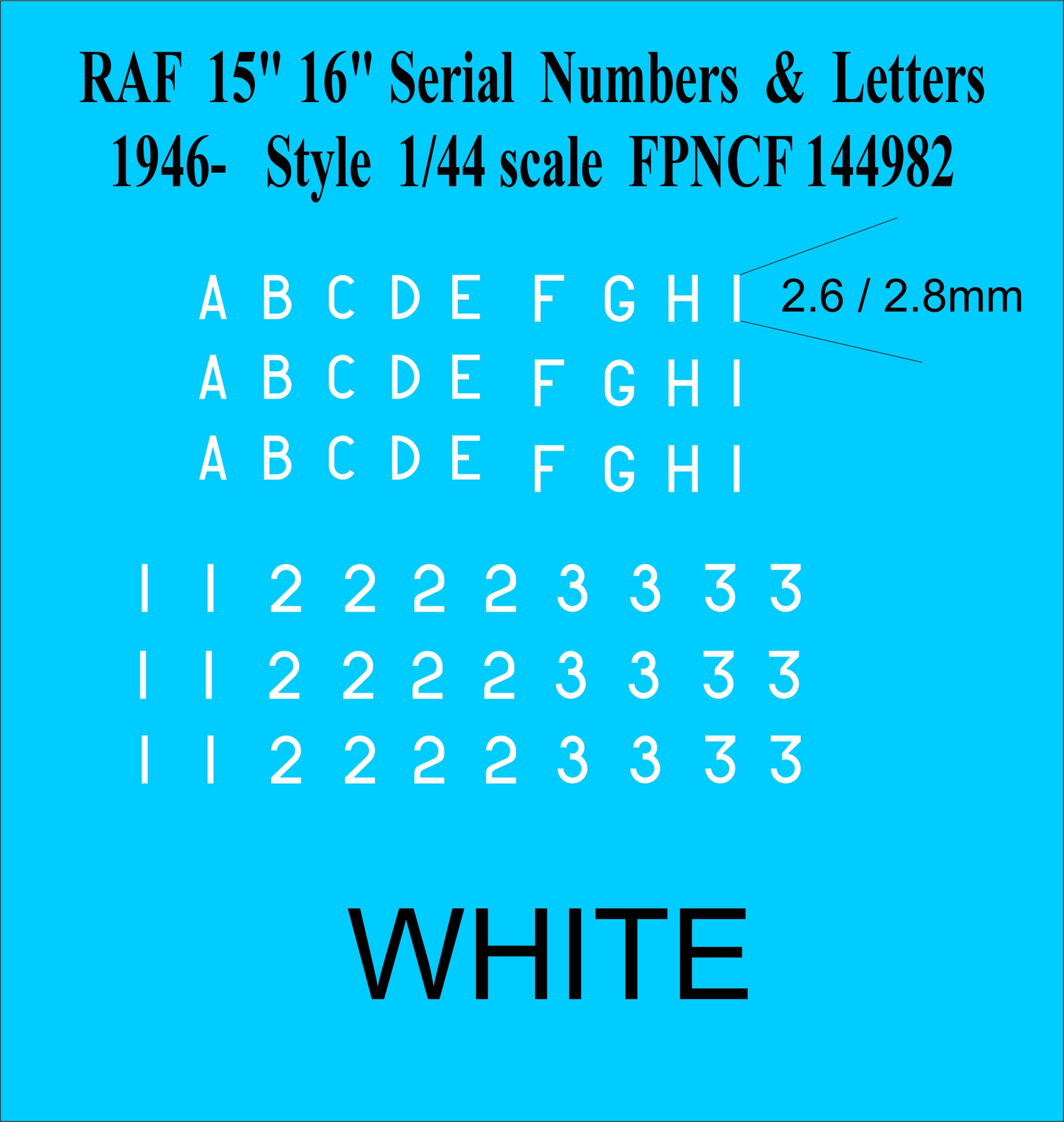 RAF 15 16 inch Letters and Numbers 1946- 1-144 DECALS IN WHITE, FP144982