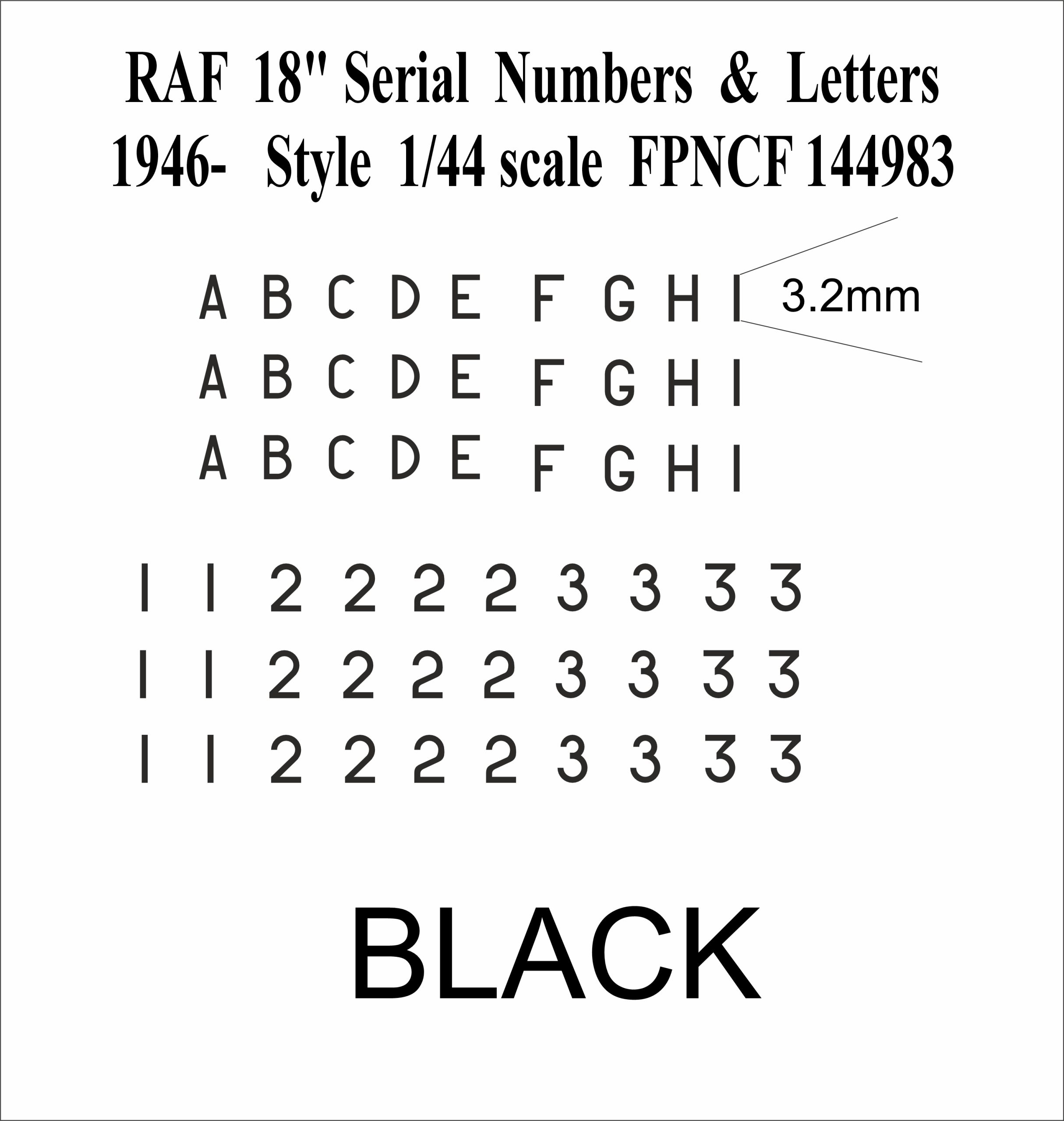 RAF 18 inch Letters and Numbers 1946- 1-144 DECALS IN BLACK, FP144983