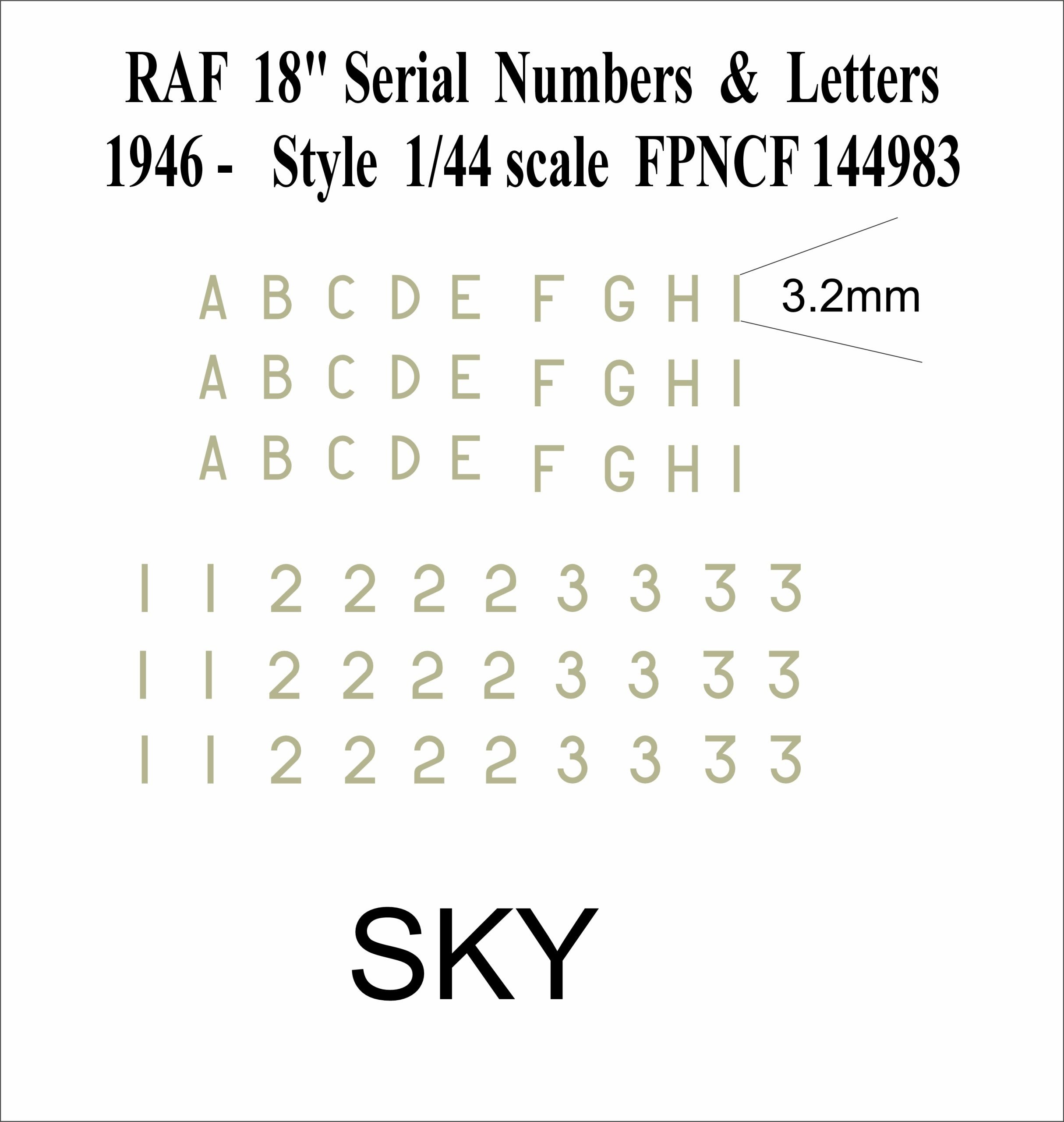 RAF 18 inch Letters and Numbers 1946- 1-144 DECALS IN SKY, FP144983