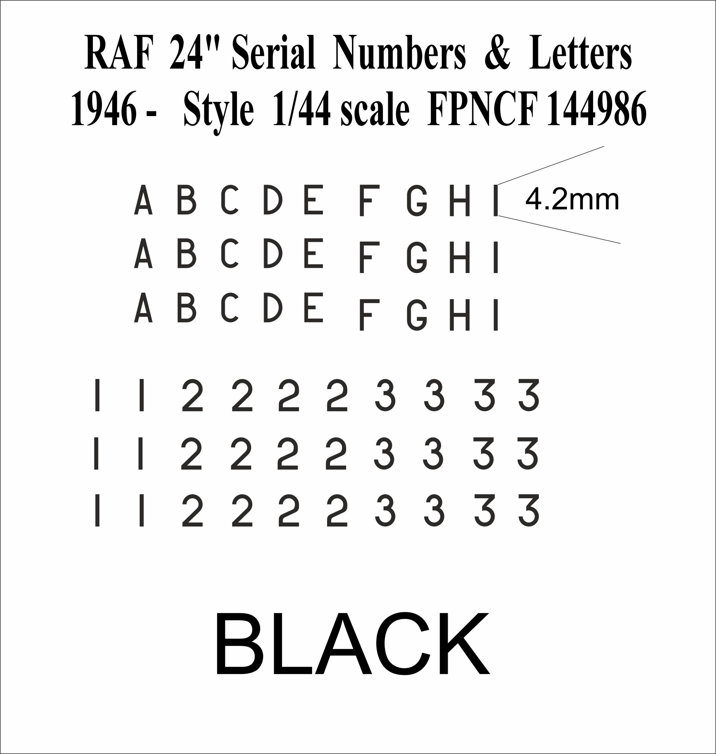 RAF 24 inch Letters and Numbers black 1946- 1-144 DECALS FP144986