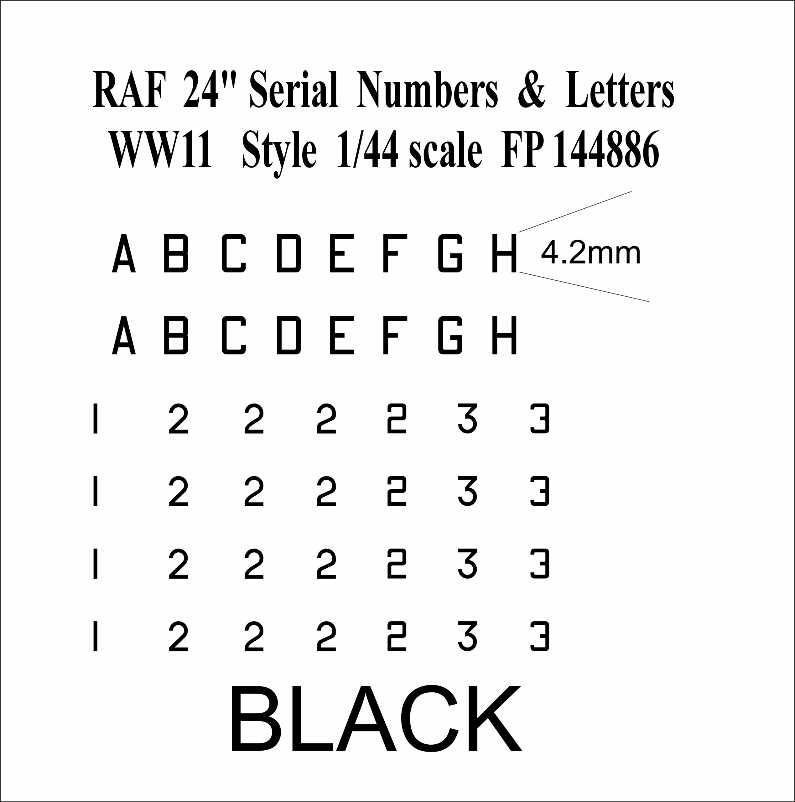 24 inch Letter black numbers WWII 1-144 scale water slide transfers decals