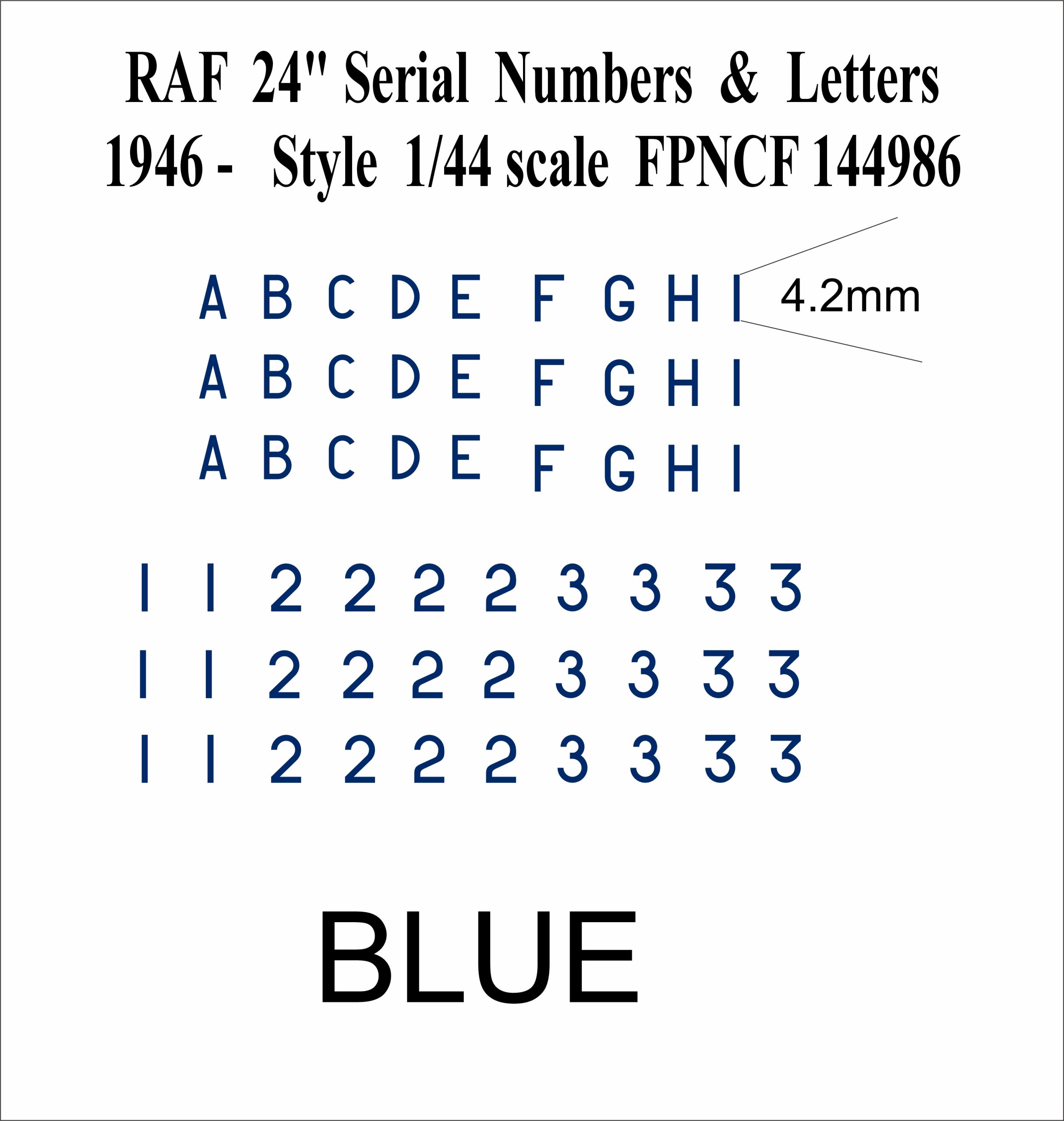 RAF 24 inch Letters and Numbers blue 1946- 1-144 DECALS FP144986