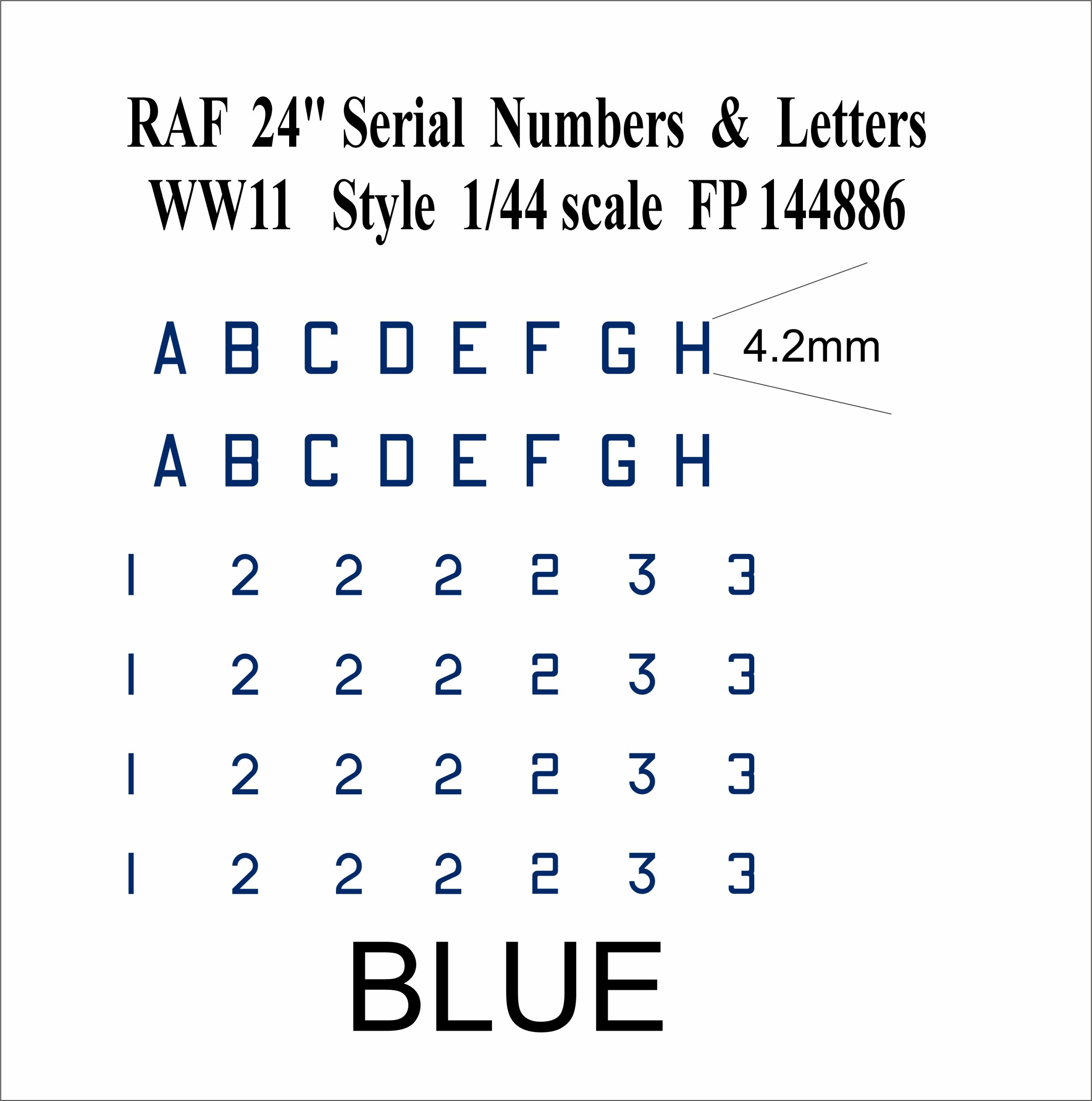 24 inch Letter blue numbers WWII 1-144 scale water slide transfers decals