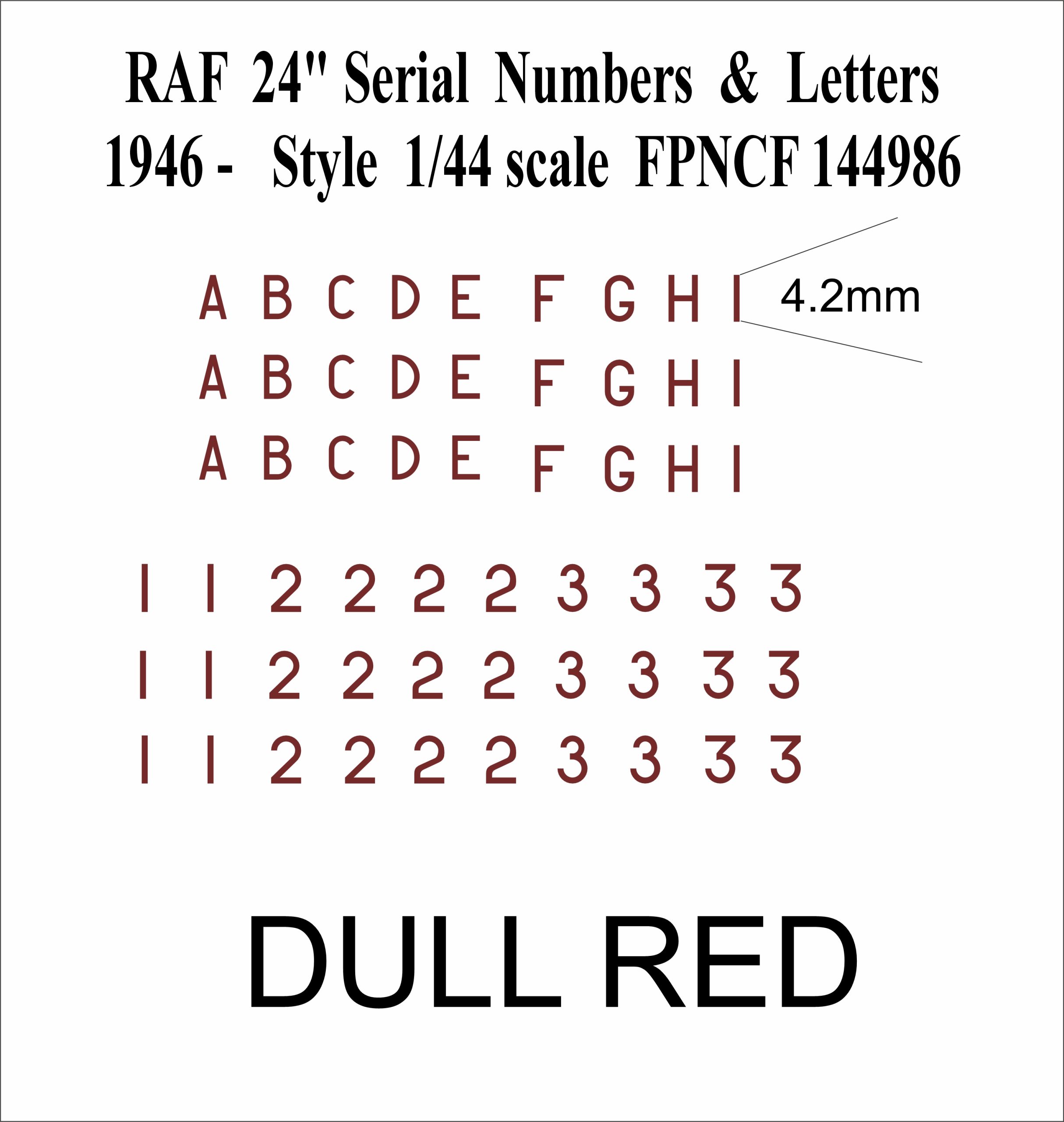 RAF 24 inch Letters and Numbers dull red 1946- 1-144 DECALS FP144986