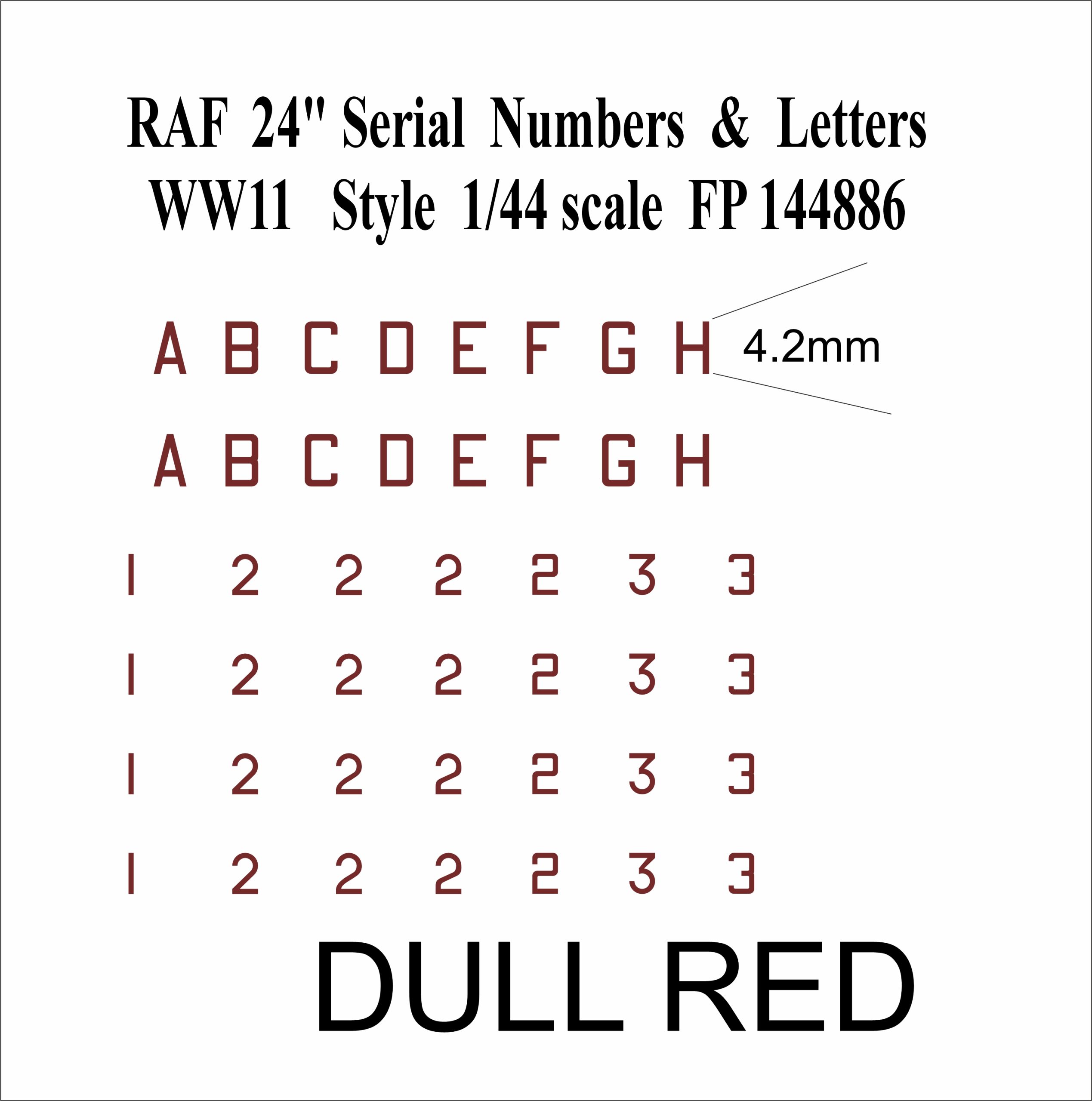 24 inch Letter Dull RED numbers WWII 1-144 scale water slide transfers decals