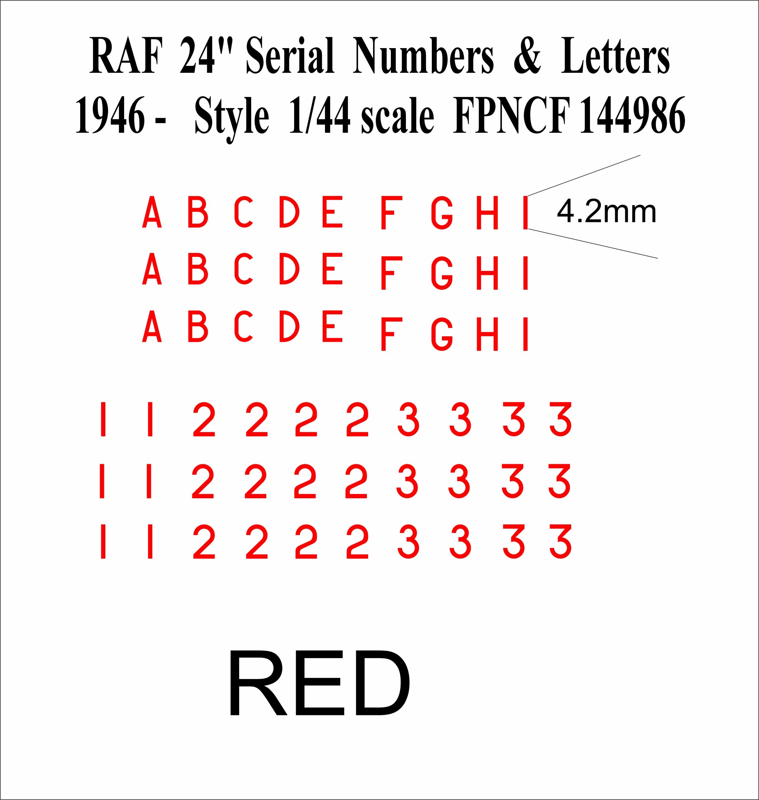 RAF 24 inch Letters and Numbers red 1946- 1-144 DECALS FP144986