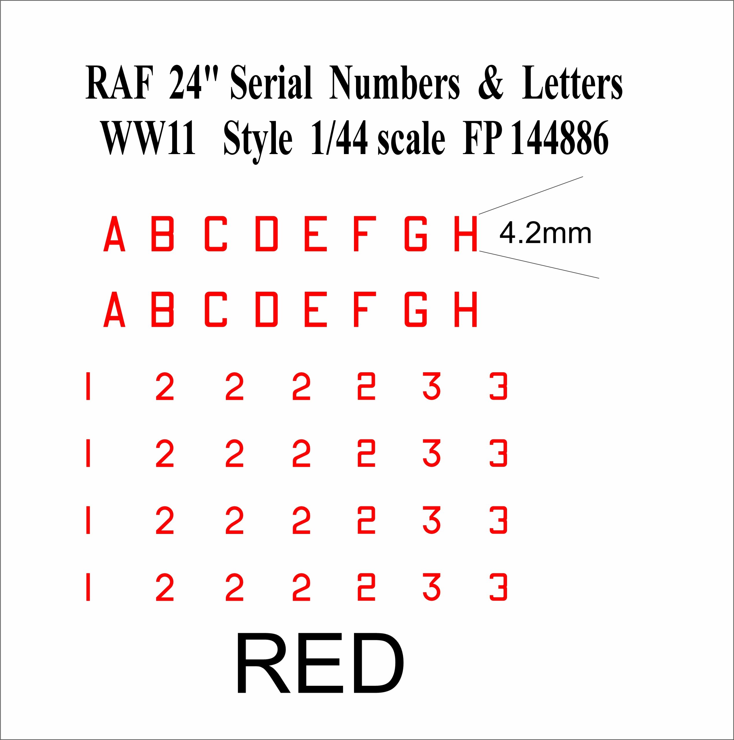 24 inch Letter RED numbers WWII 1-144 scale water slide transfers decals