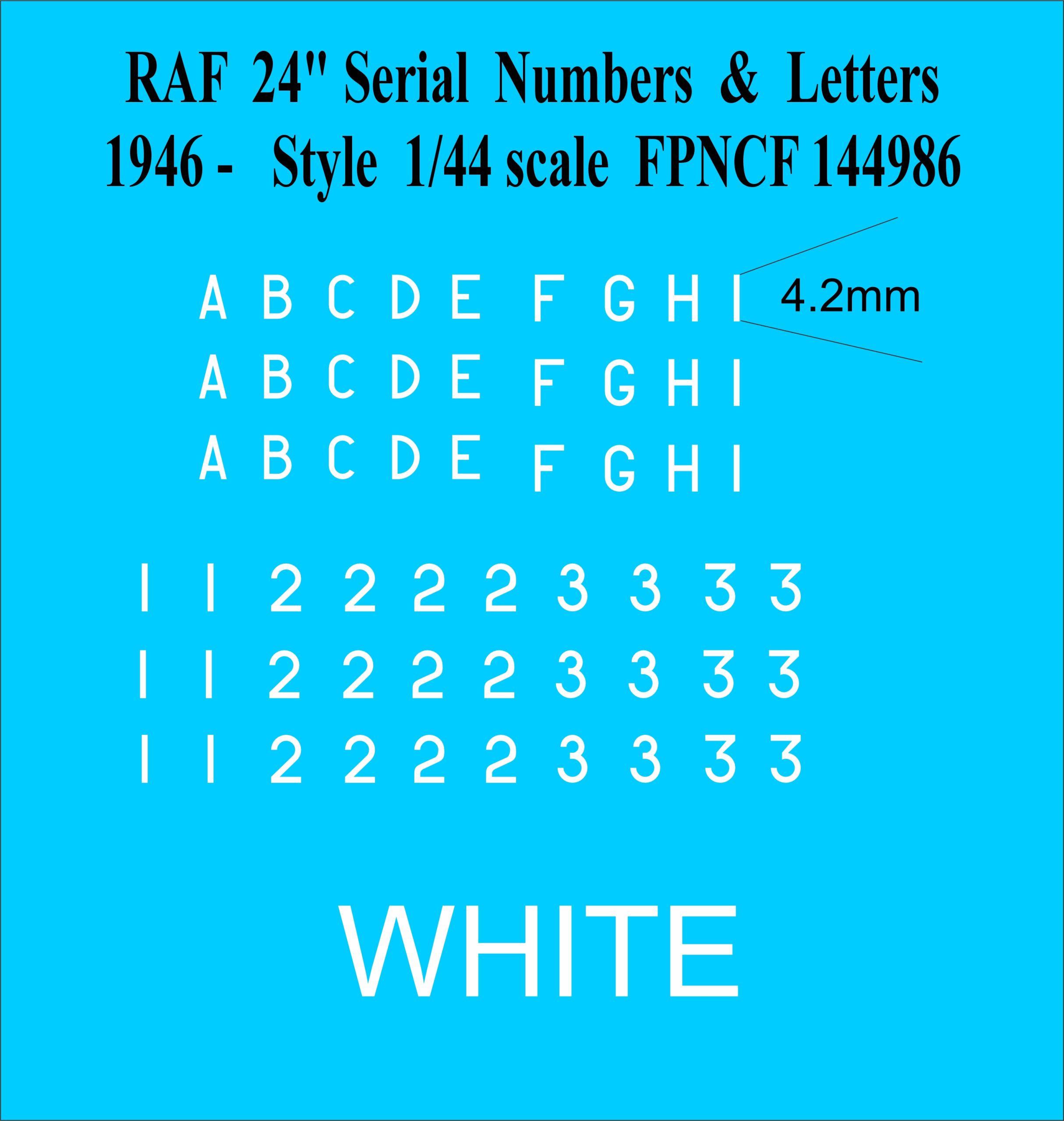 RAF 24 inch Letters and Numbers white 1946- 1-144 DECALS FP144986
