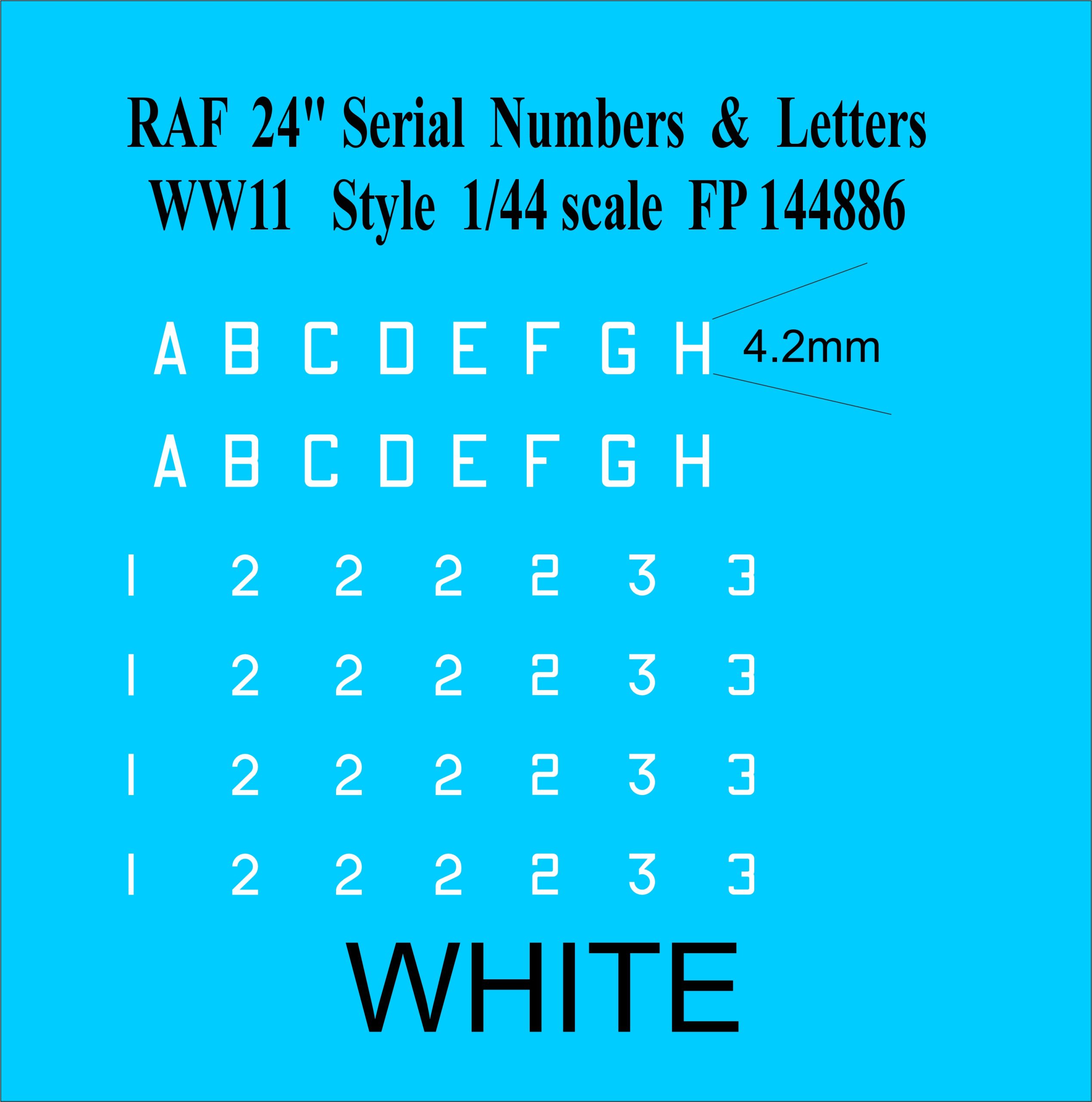 24 inch Letter WHITE numbers WWII 1-144 scale water slide transfers decals