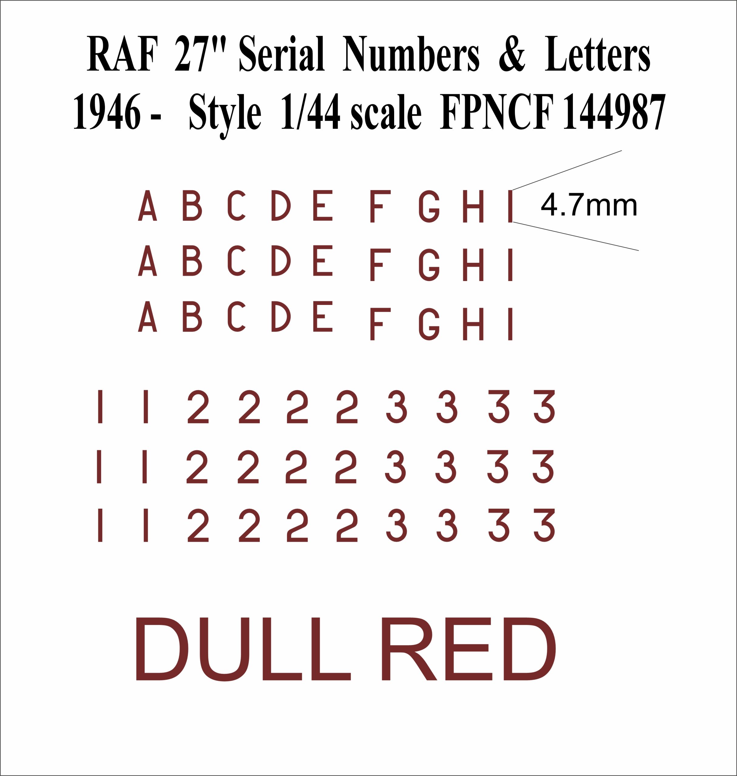 RAF 27 inch Letters and Numbers DULL red 1946- 1-144 DECALS FP144987