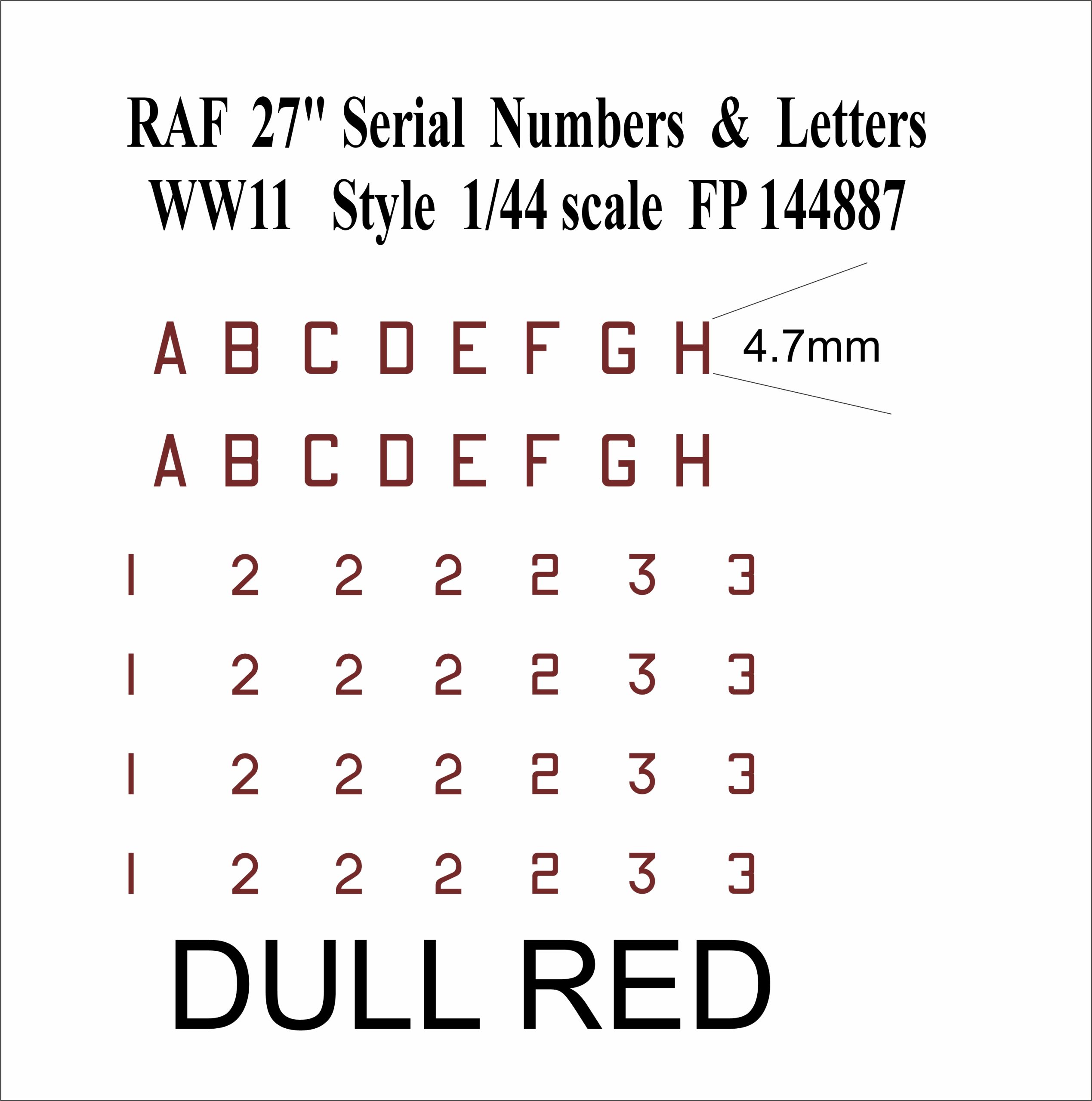 27 inch DULL RED Letter numbers WWII 1-144 scale water slide transfers decals