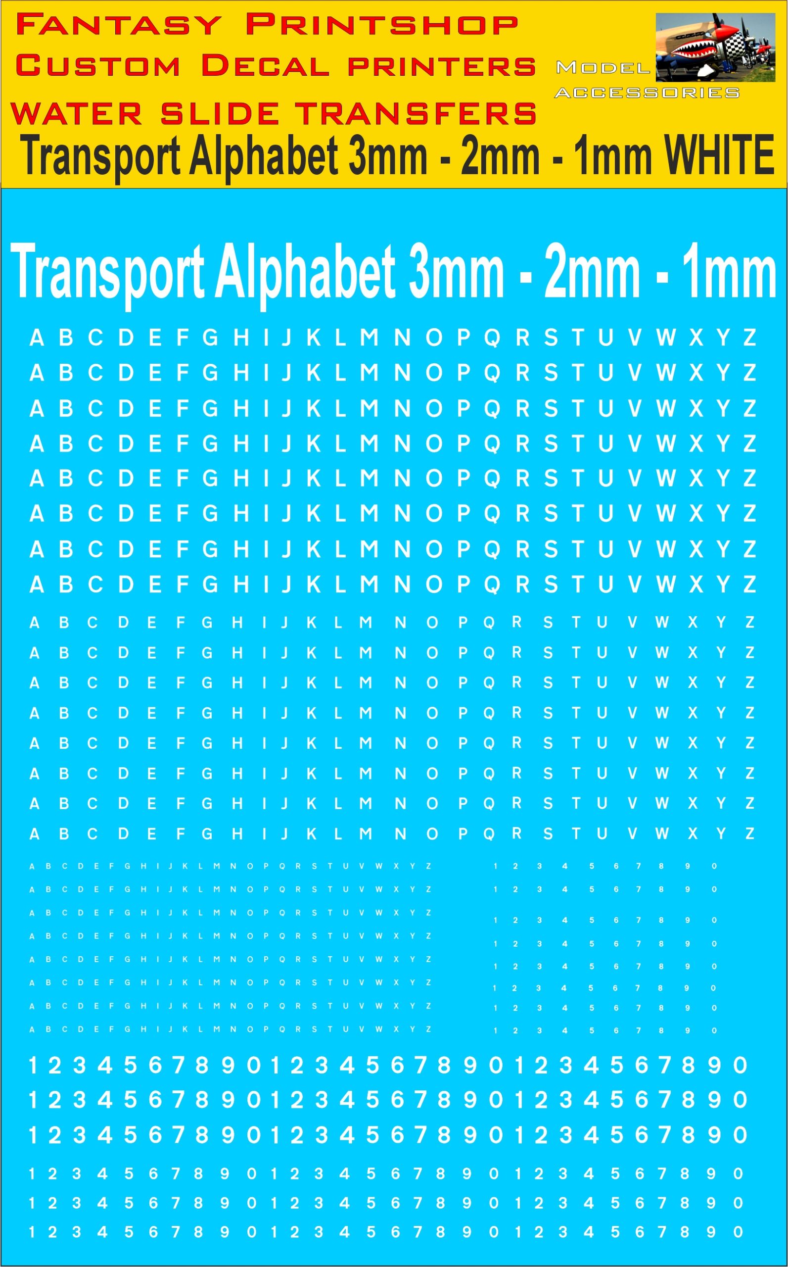 vehicle transport alphabet Available I 1, 2, 3mm in WHITE water slide transfers decals