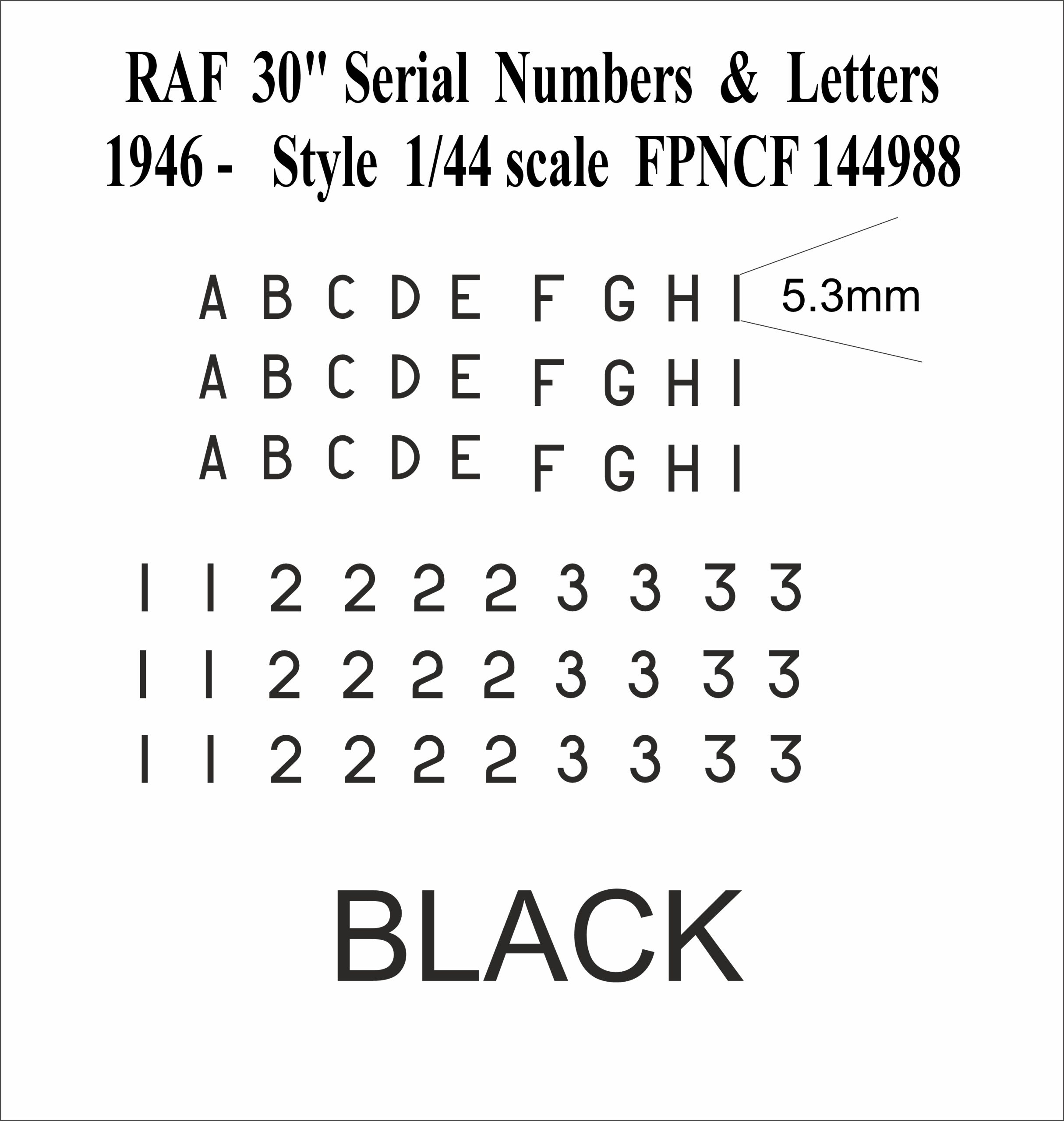 RAF 30 inch Letters and Numbers black 1946- 1-144 DECALS FP144988