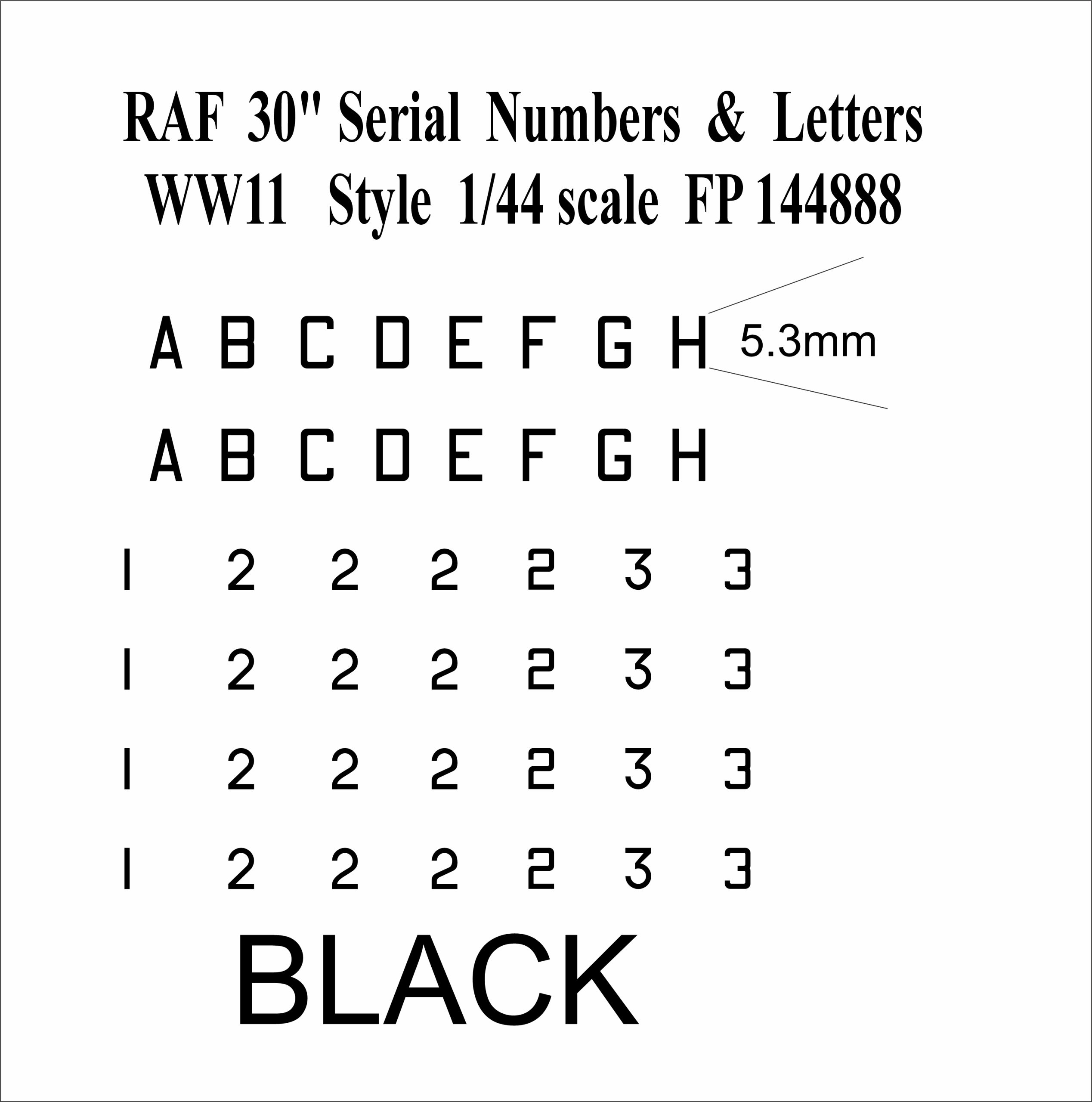 30 inch BLACK Letter numbers WWII 1-144 scale water slide transfers decals