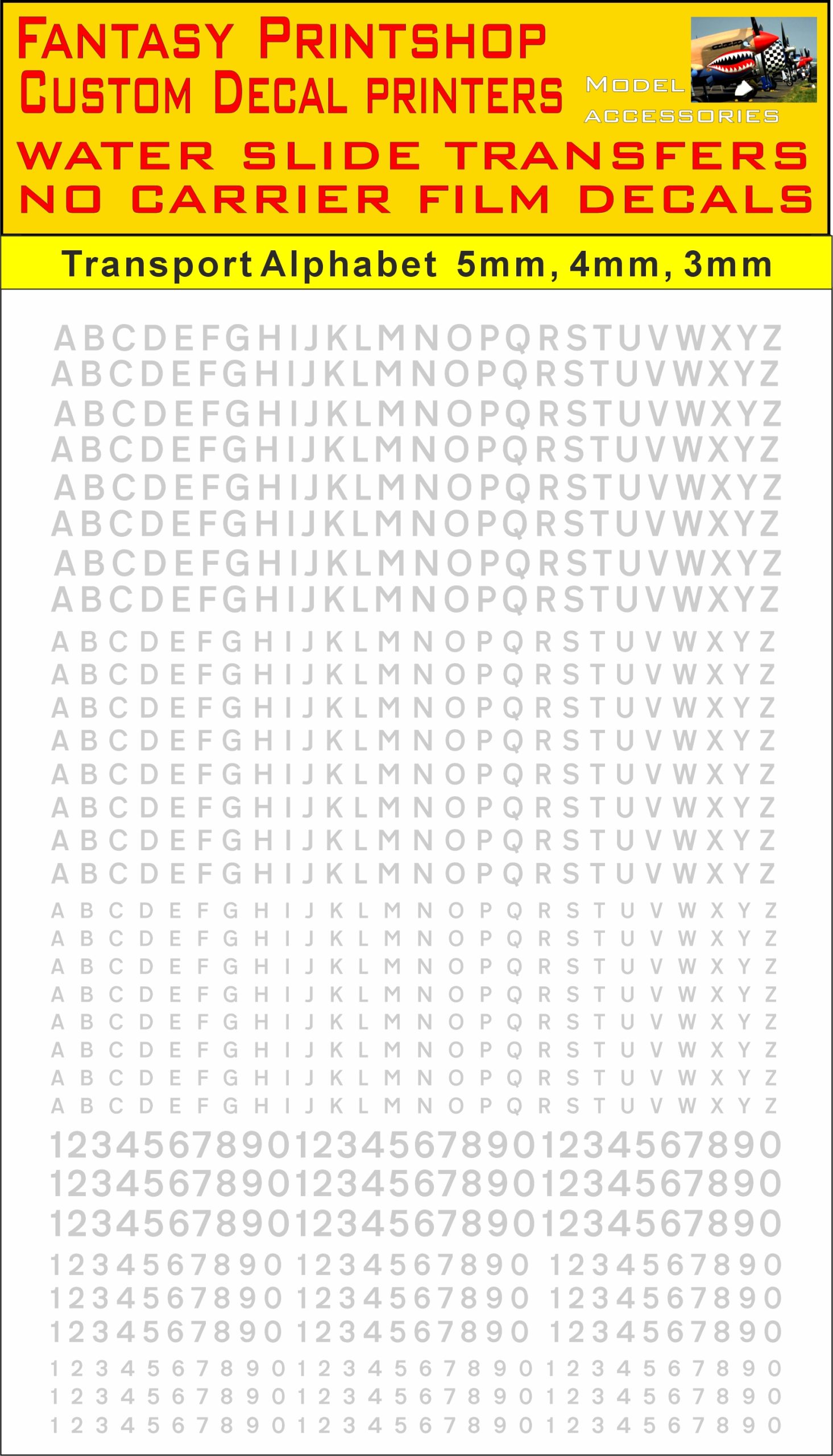vehicle transport alphabet Available I 3, 4, 5mm in GREY water slide transfers decals