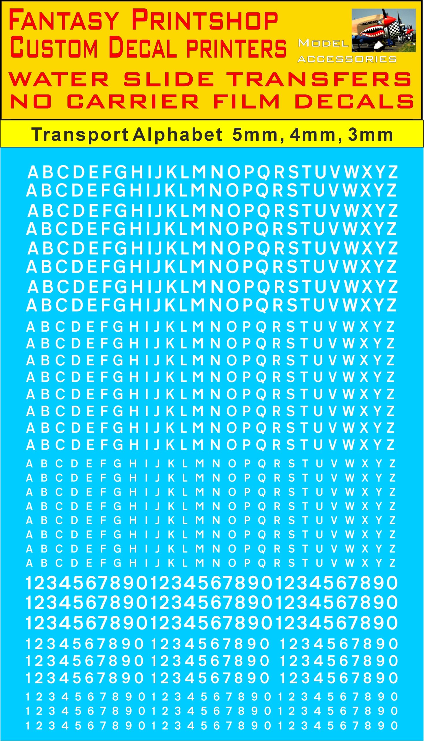 vehicle transport alphabet Available I 3, 4, 5mm in WHITE water slide transfers decals