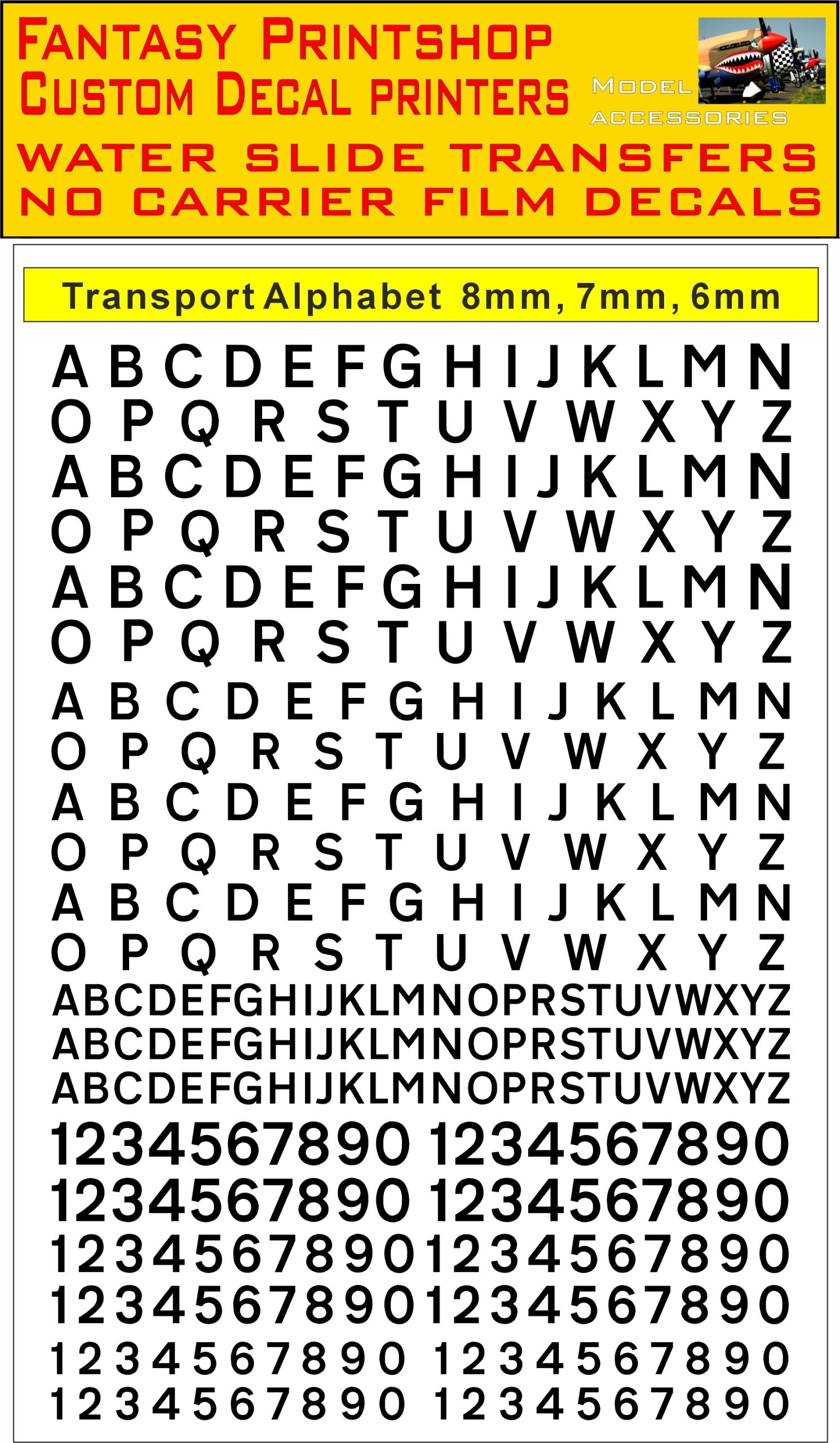 vehicle transport alphabet Available I 6, 7, 8mm in black water slide transfers decals