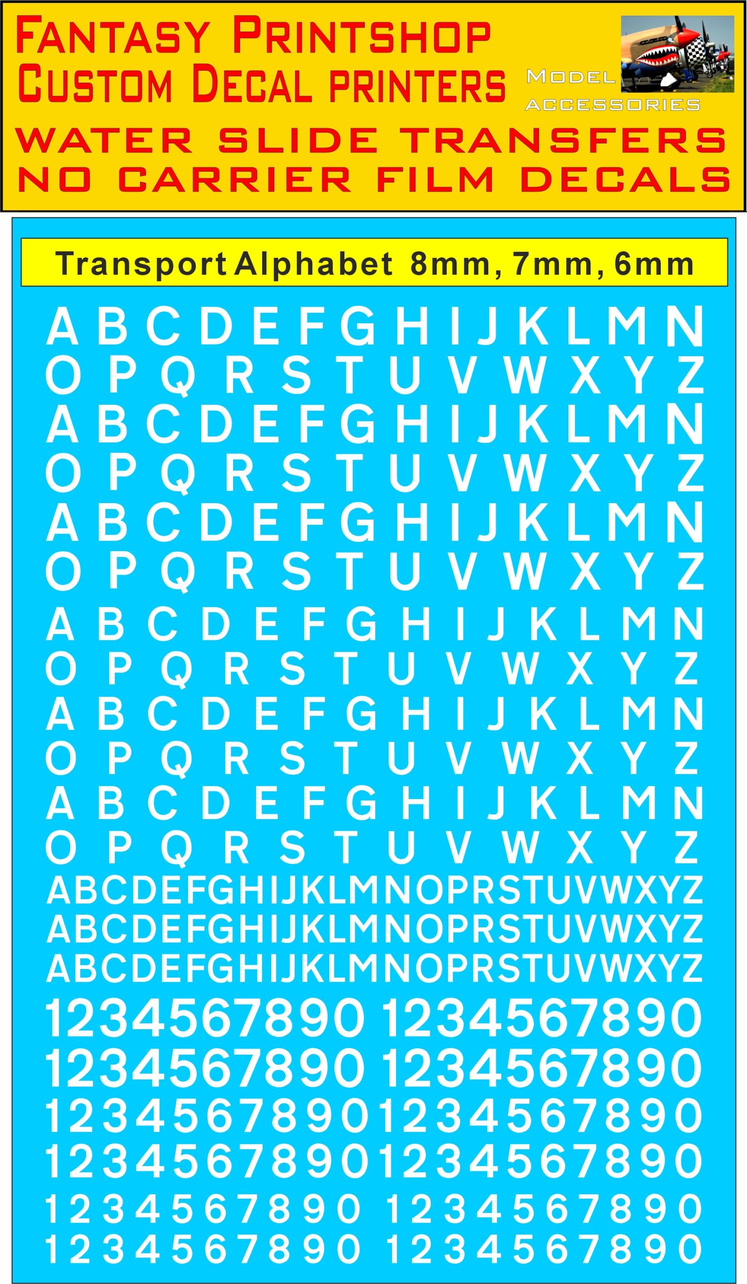vehicle transport alphabet Available I 6, 7, 8mm in WHITE water slide transfers decals